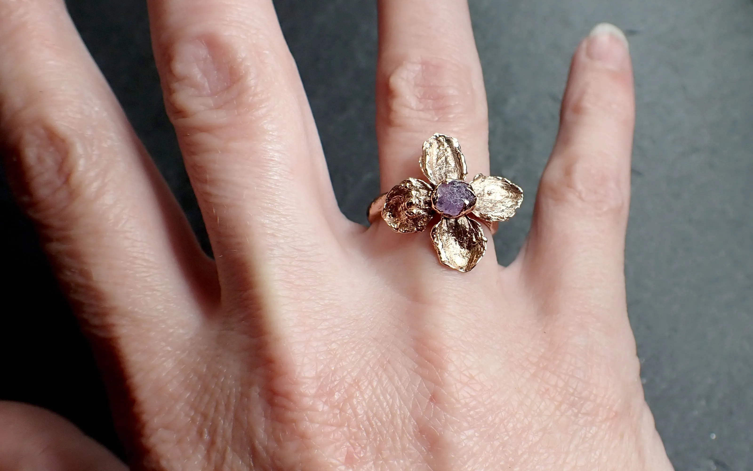 real flower and purple sapphire 14k rose gold wedding engagement ring enchanted garden floral ring byangeline 2500 Alternative Engagement