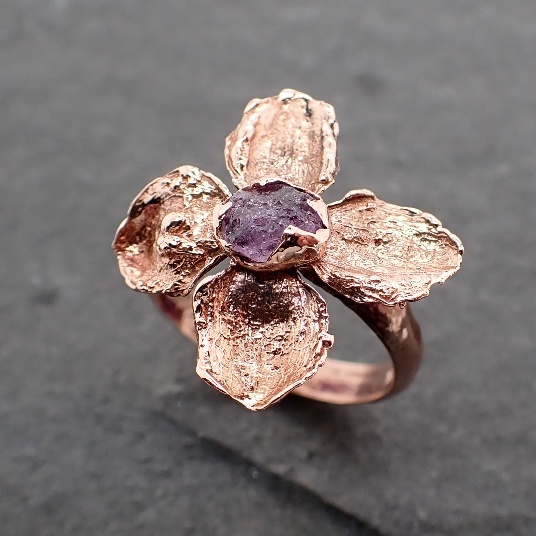 real flower and purple sapphire 14k rose gold wedding engagement ring enchanted garden floral ring byangeline 2500 Alternative Engagement