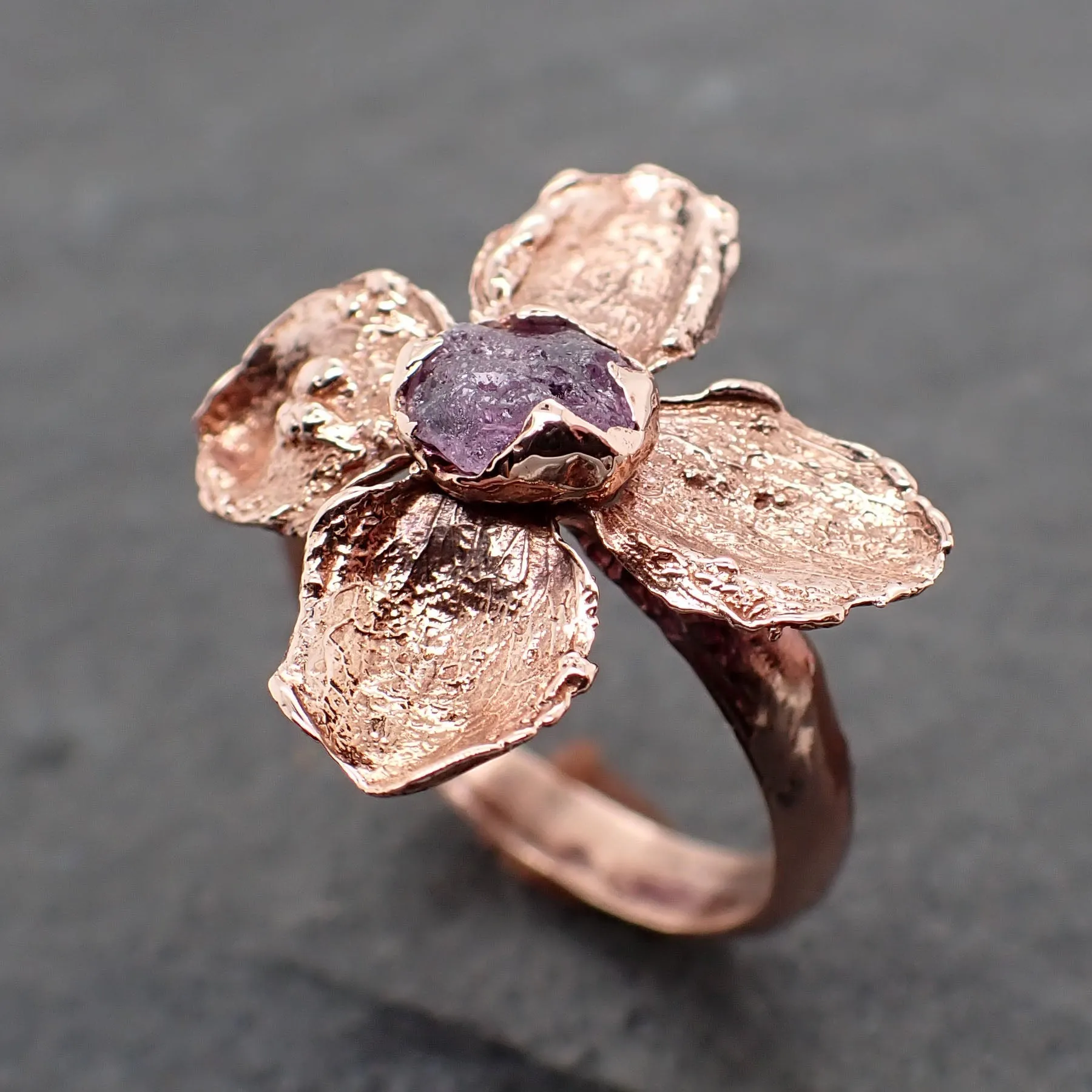 real flower and purple sapphire 14k rose gold wedding engagement ring enchanted garden floral ring byangeline 2500 Alternative Engagement