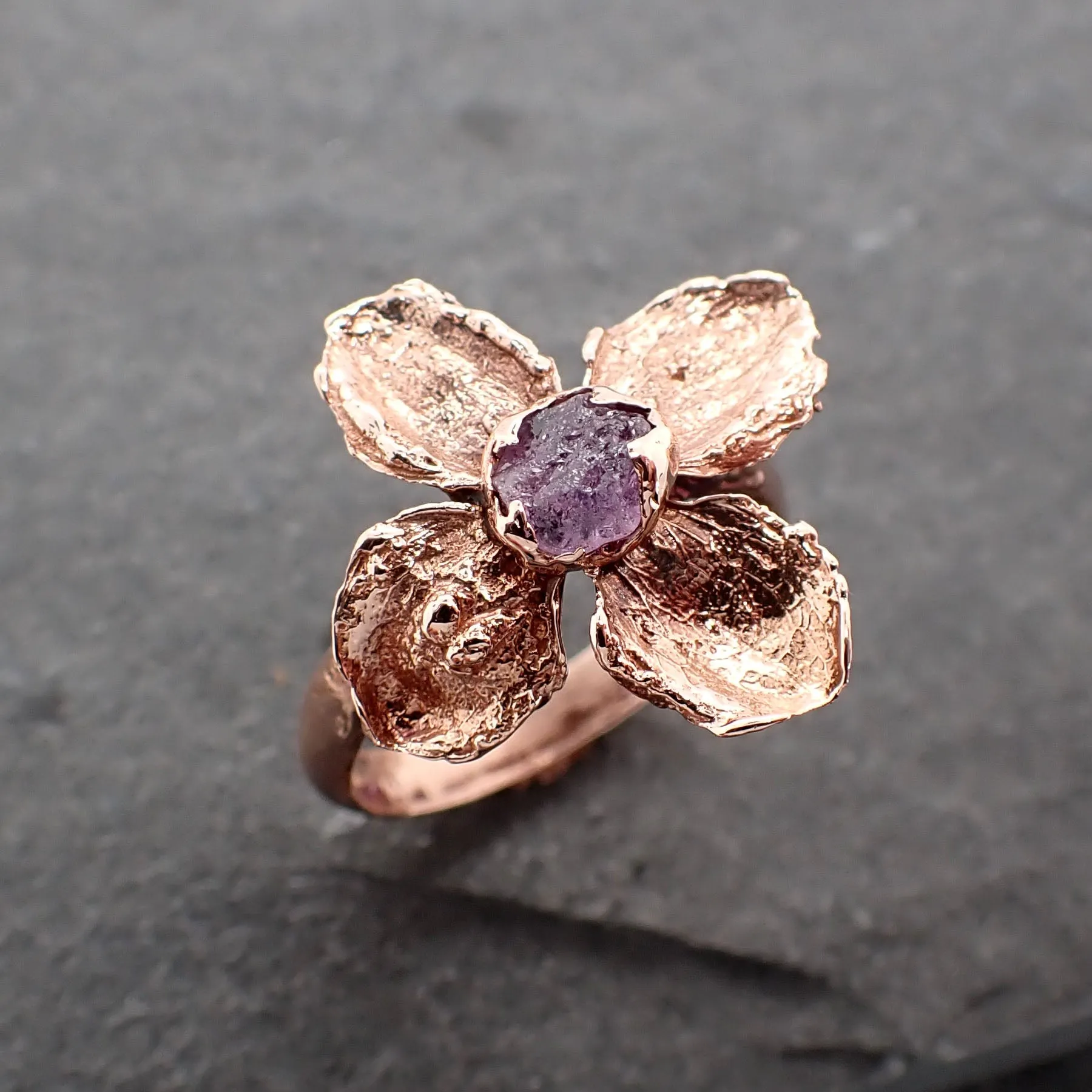 real flower and purple sapphire 14k rose gold wedding engagement ring enchanted garden floral ring byangeline 2500 Alternative Engagement