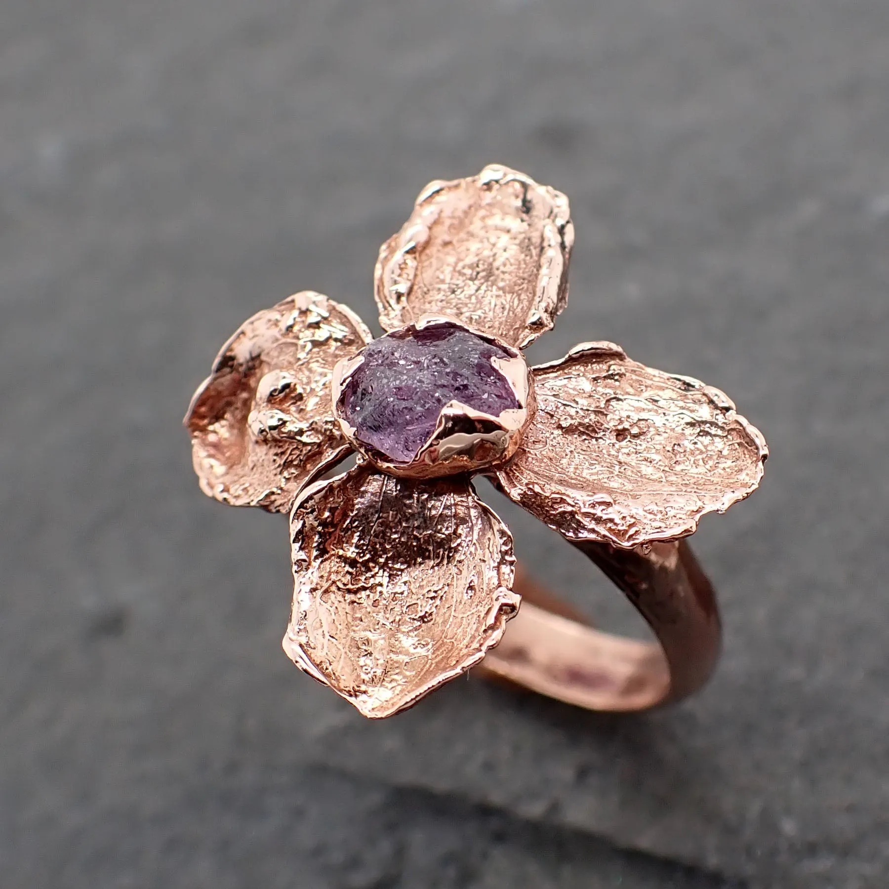 real flower and purple sapphire 14k rose gold wedding engagement ring enchanted garden floral ring byangeline 2500 Alternative Engagement