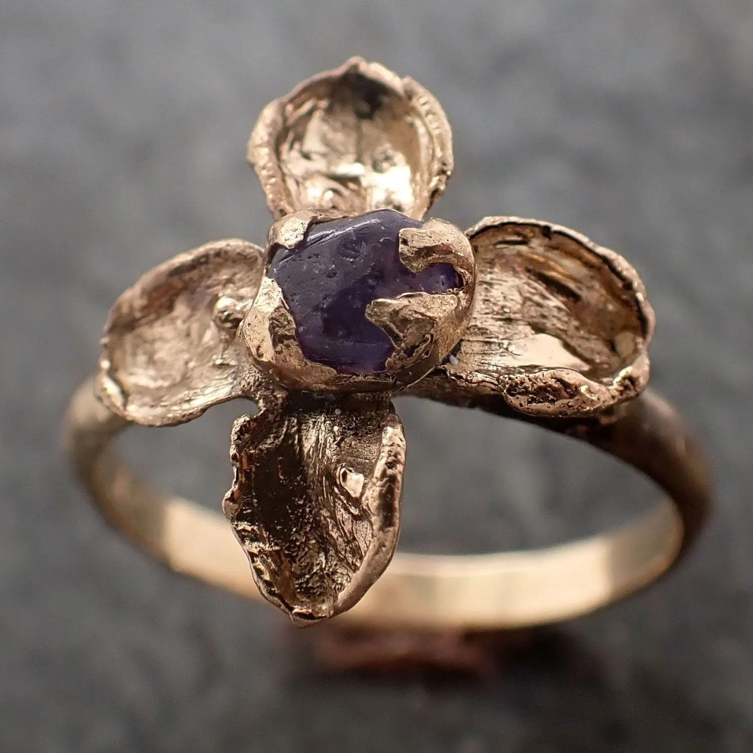 real flower and purple sapphire 18k yellow gold set wedding engagement ring enchanted garden floral ring byangeline 2981 Alternative Engagement