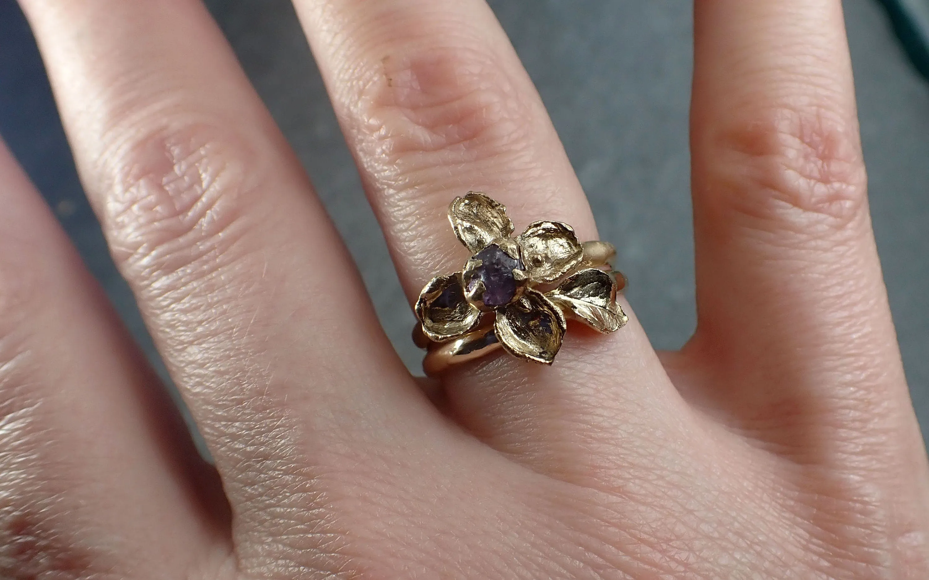 real flower and purple sapphire 18k yellow gold set wedding engagement ring enchanted garden floral ring byangeline 2981 Alternative Engagement
