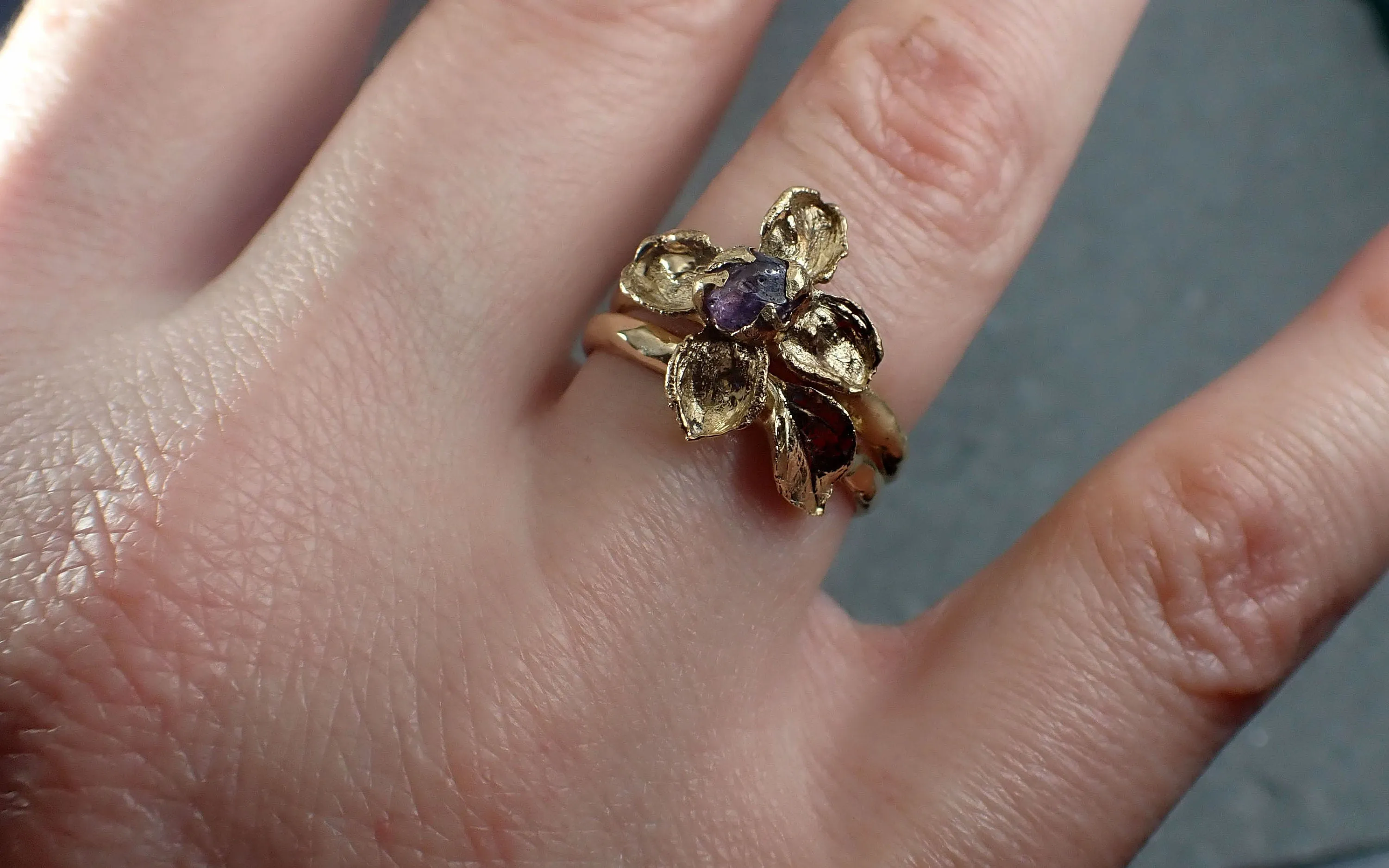 real flower and purple sapphire 18k yellow gold set wedding engagement ring enchanted garden floral ring byangeline 2981 Alternative Engagement