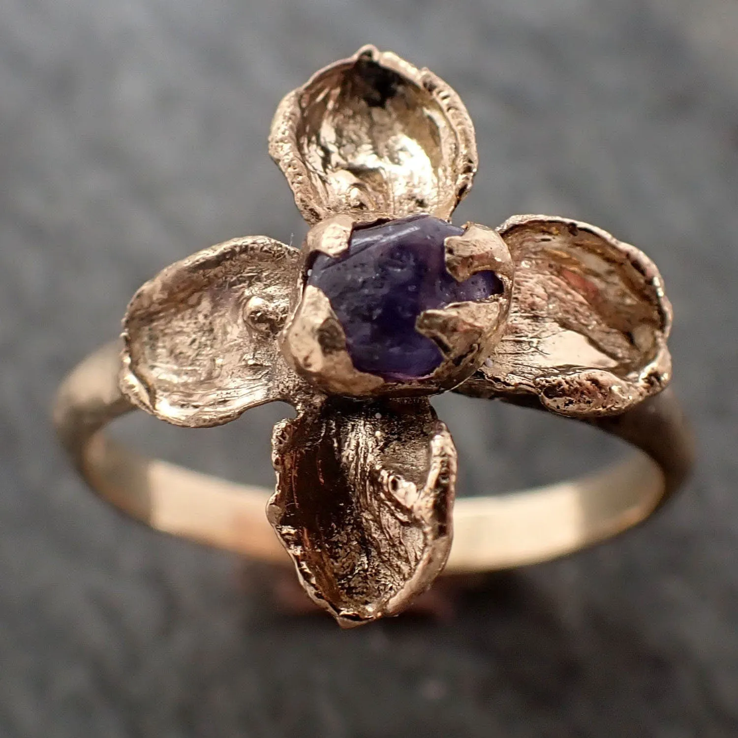 real flower and purple sapphire 18k yellow gold set wedding engagement ring enchanted garden floral ring byangeline 2981 Alternative Engagement