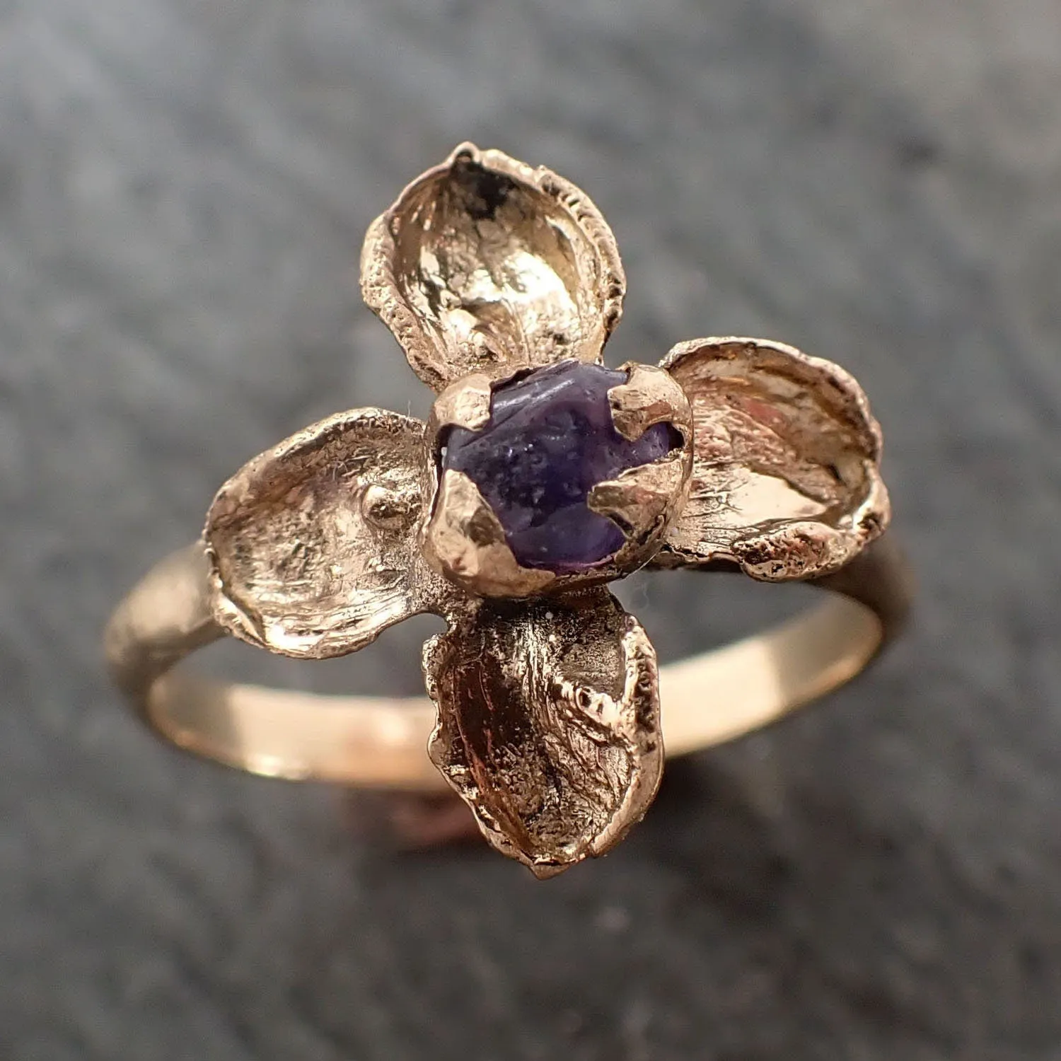 real flower and purple sapphire 18k yellow gold set wedding engagement ring enchanted garden floral ring byangeline 2981 Alternative Engagement