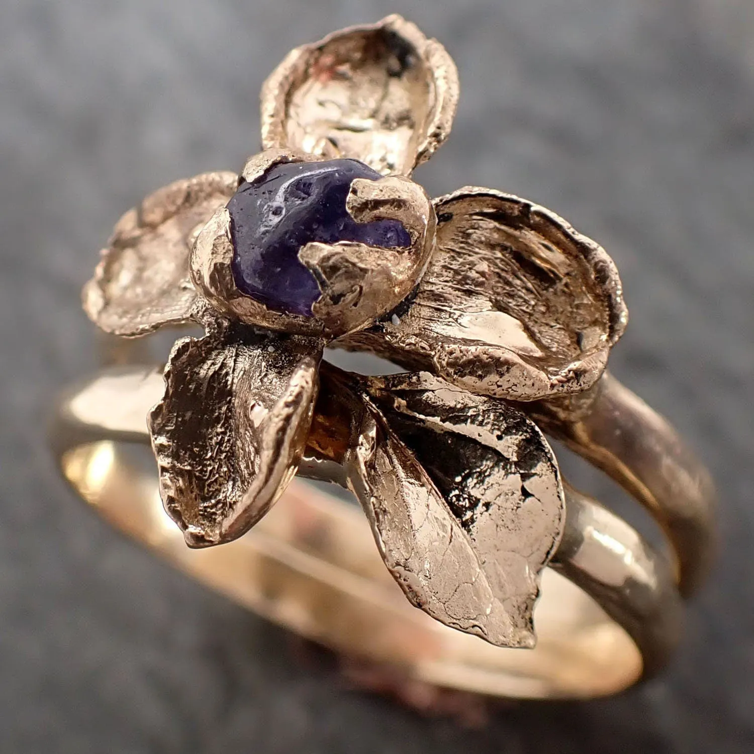 real flower and purple sapphire 18k yellow gold set wedding engagement ring enchanted garden floral ring byangeline 2981 Alternative Engagement