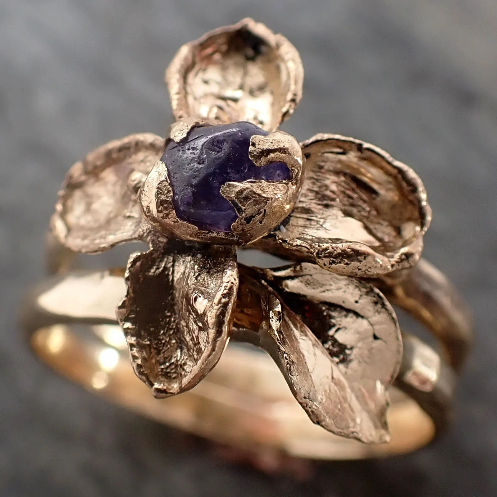 real flower and purple sapphire 18k yellow gold set wedding engagement ring enchanted garden floral ring byangeline 2981 Alternative Engagement