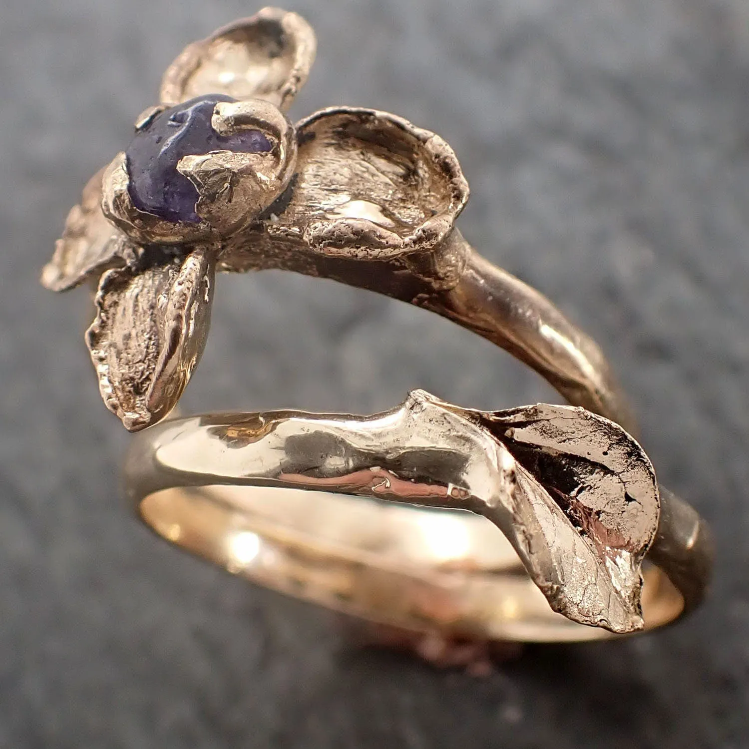 real flower and purple sapphire 18k yellow gold set wedding engagement ring enchanted garden floral ring byangeline 2981 Alternative Engagement