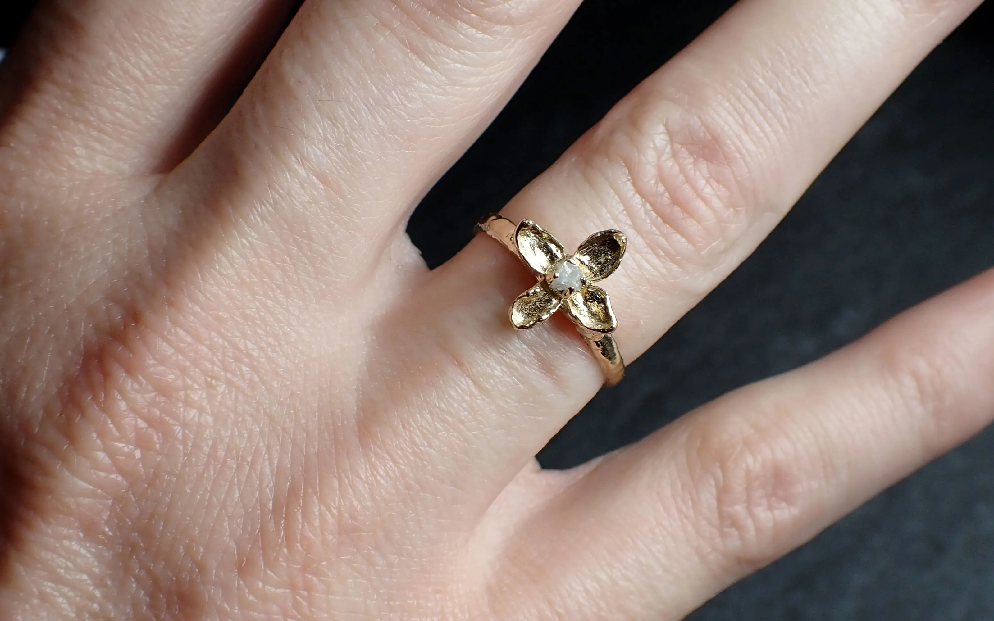real lilac flower and rough diamond 14k yellow gold wedding engagement ring enchanted garden floral ring byangeline 2502 Alternative Engagement