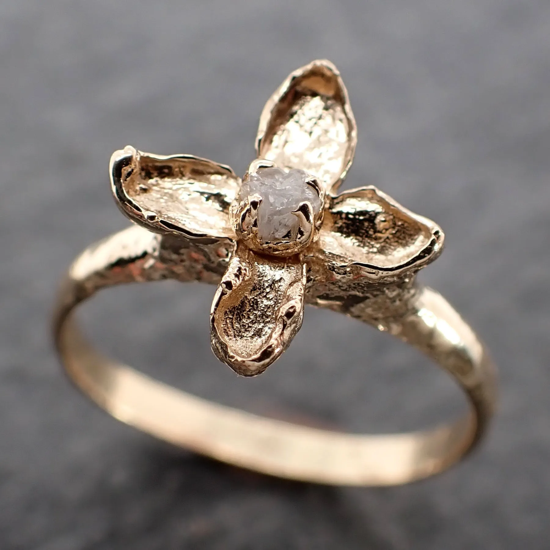 real lilac flower and rough diamond 14k yellow gold wedding engagement ring enchanted garden floral ring byangeline 2502 Alternative Engagement