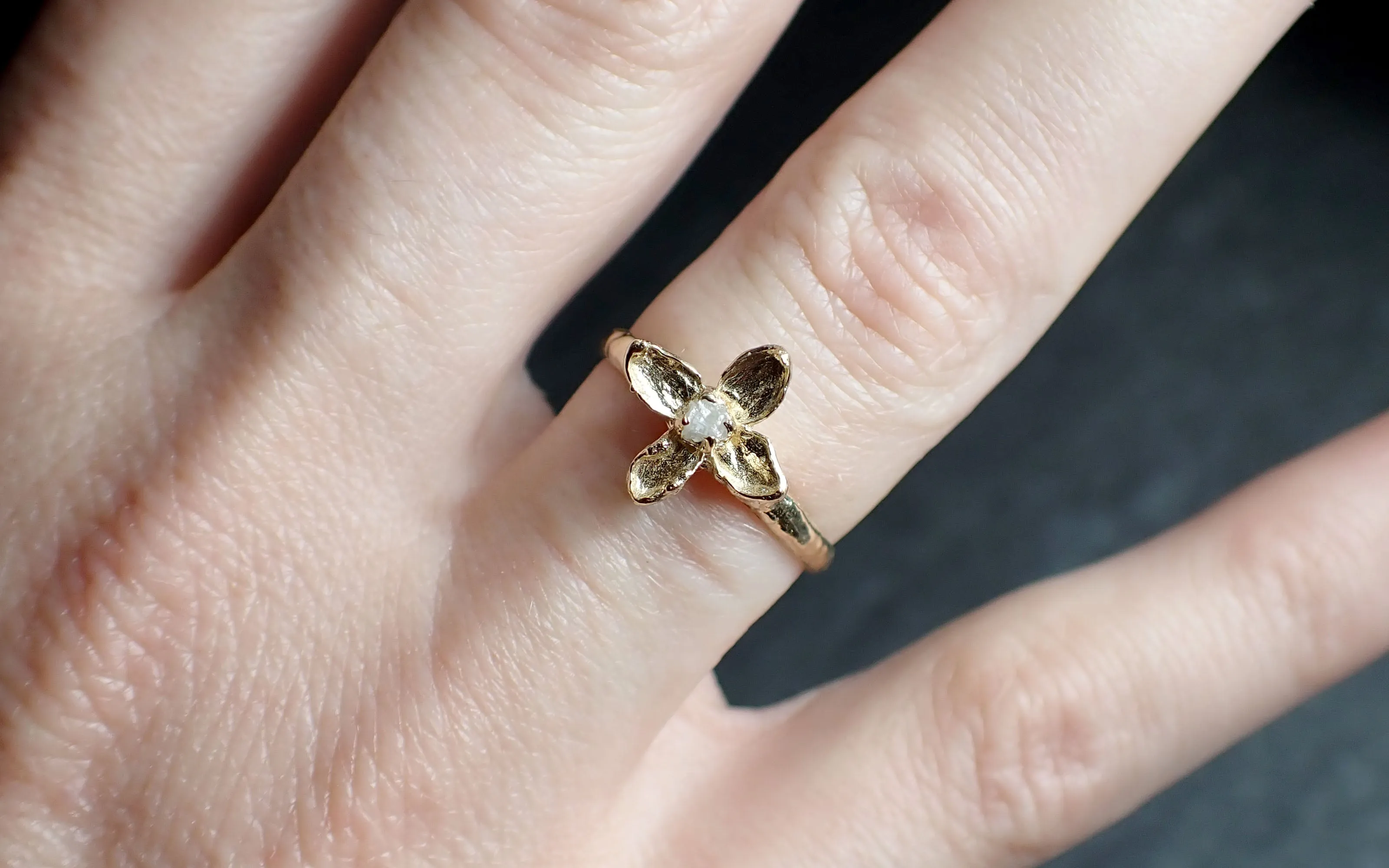 real lilac flower and rough diamond 14k yellow gold wedding engagement ring enchanted garden floral ring byangeline 2502 Alternative Engagement