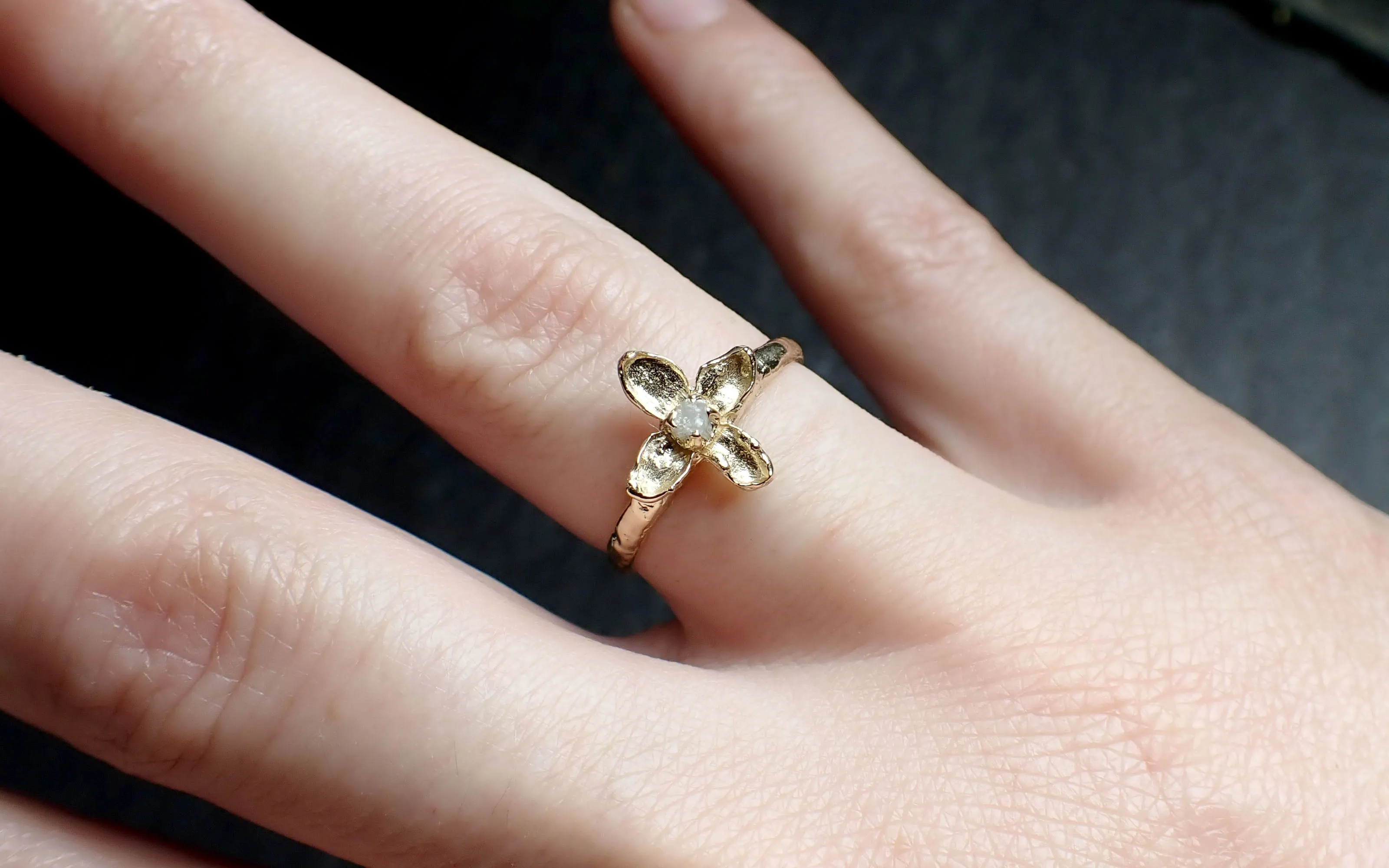 real lilac flower and rough diamond 14k yellow gold wedding engagement ring enchanted garden floral ring byangeline 2502 Alternative Engagement
