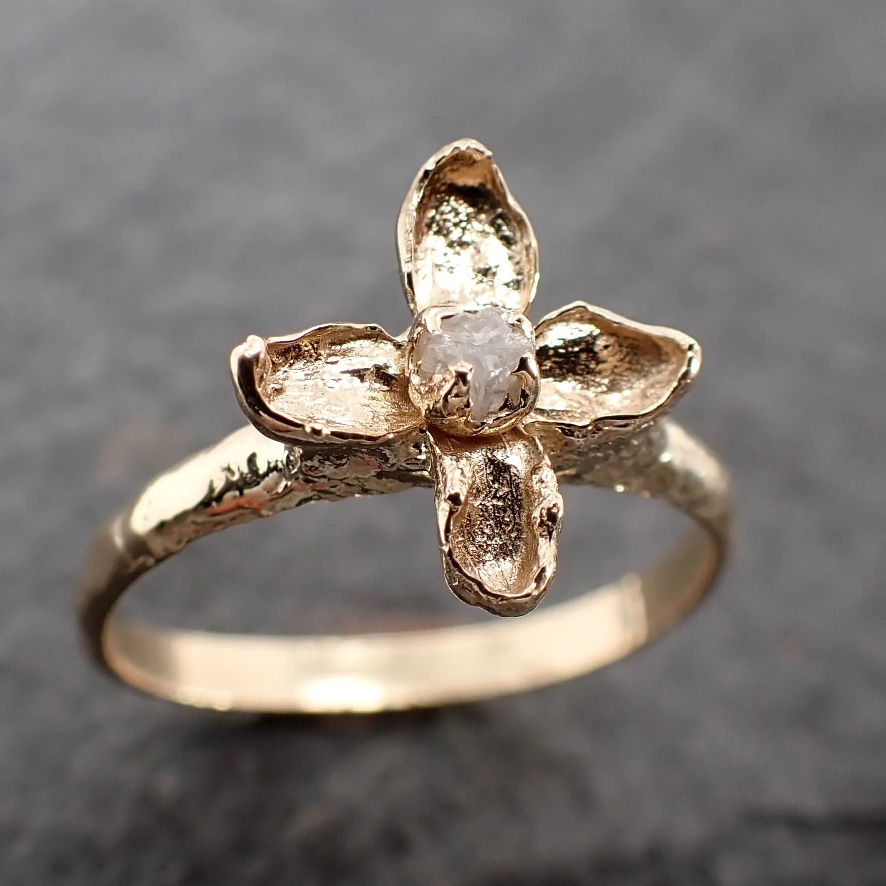 real lilac flower and rough diamond 14k yellow gold wedding engagement ring enchanted garden floral ring byangeline 2502 Alternative Engagement