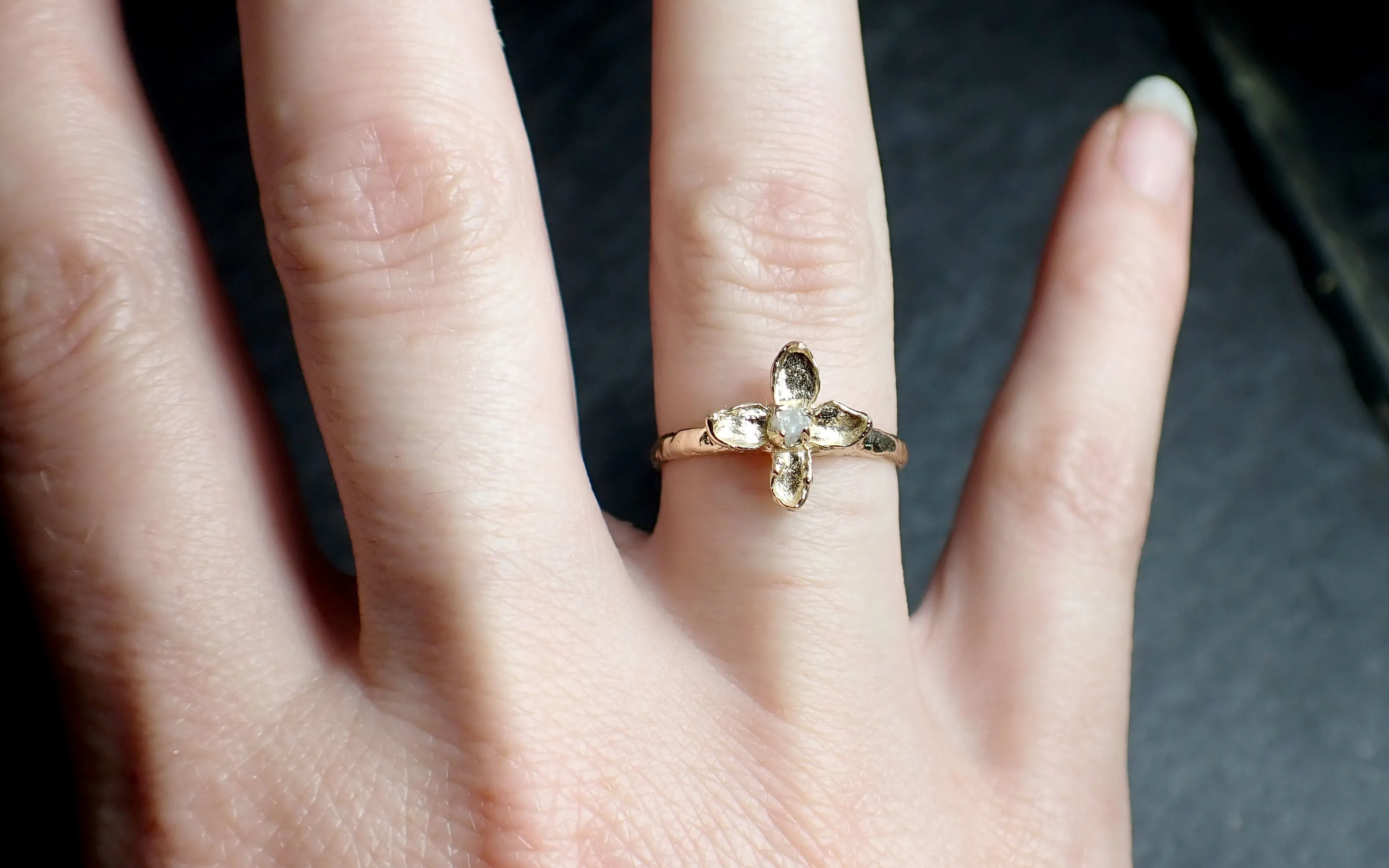 real lilac flower and rough diamond 14k yellow gold wedding engagement ring enchanted garden floral ring byangeline 2502 Alternative Engagement