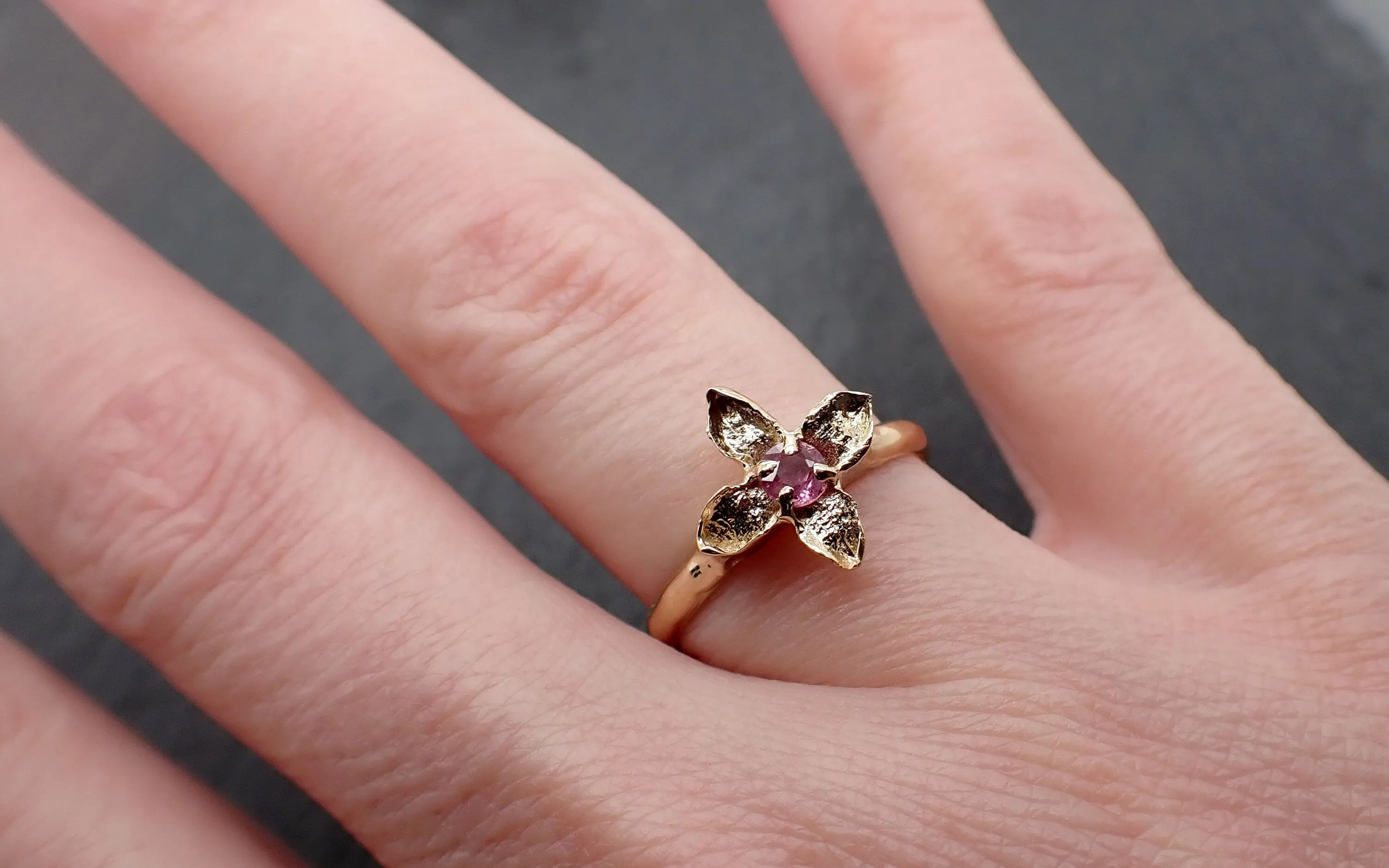 real lilac flower casting with faceted rubies 14k yellow gold solitaire enchanted garden floral ring byangeline 3377 Alternative Engagement