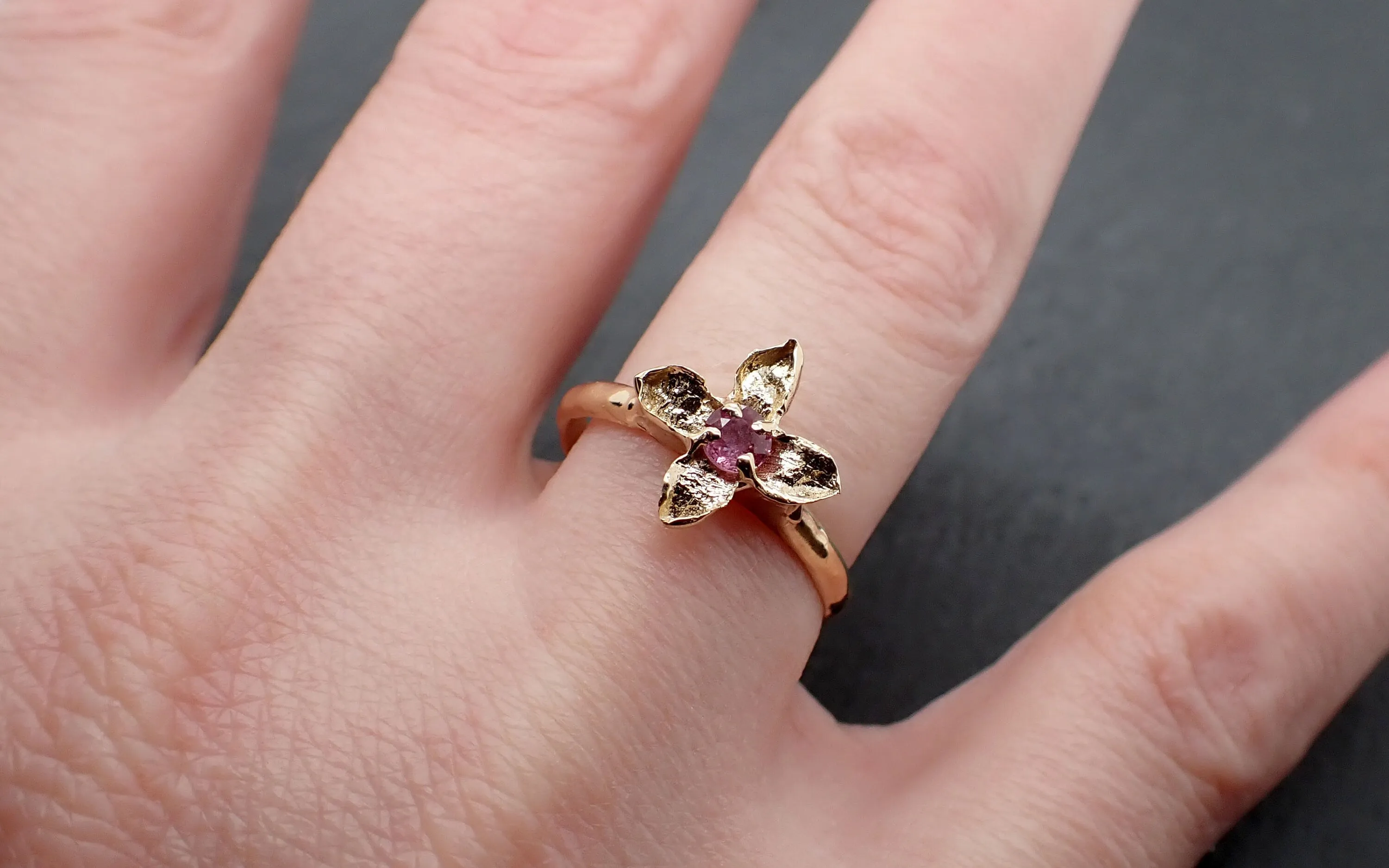 real lilac flower casting with faceted rubies 14k yellow gold solitaire enchanted garden floral ring byangeline 3377 Alternative Engagement