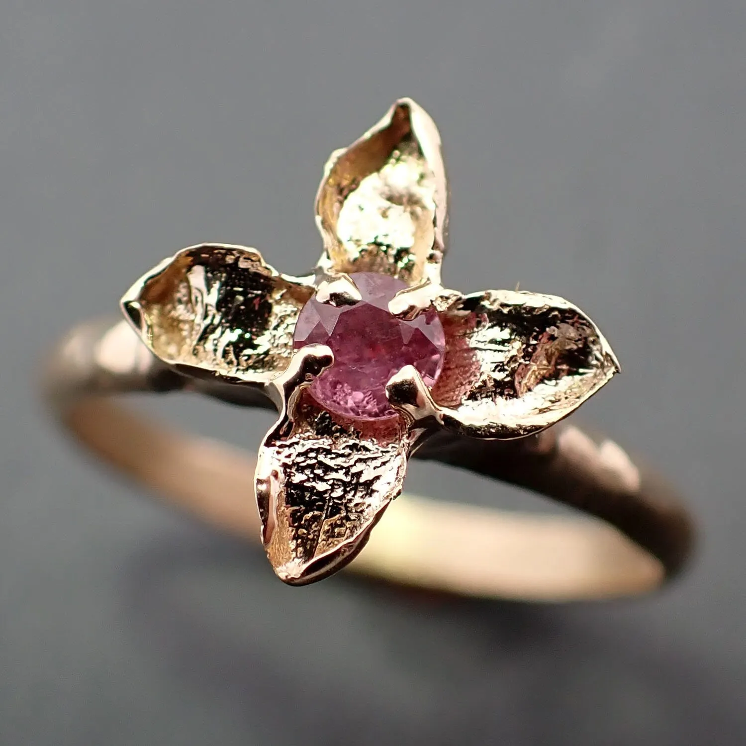 real lilac flower casting with faceted rubies 14k yellow gold solitaire enchanted garden floral ring byangeline 3377 Alternative Engagement