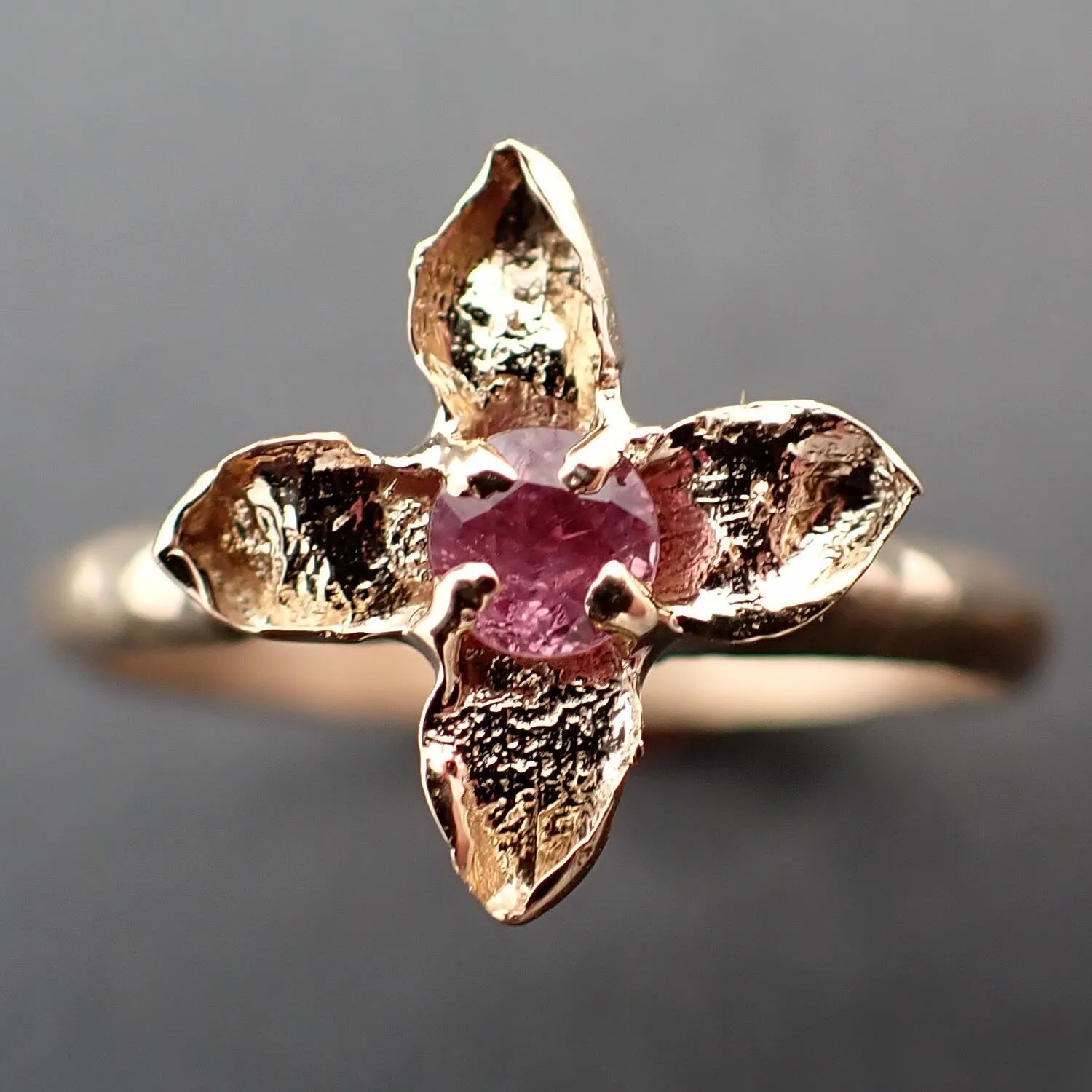real lilac flower casting with faceted rubies 14k yellow gold solitaire enchanted garden floral ring byangeline 3377 Alternative Engagement