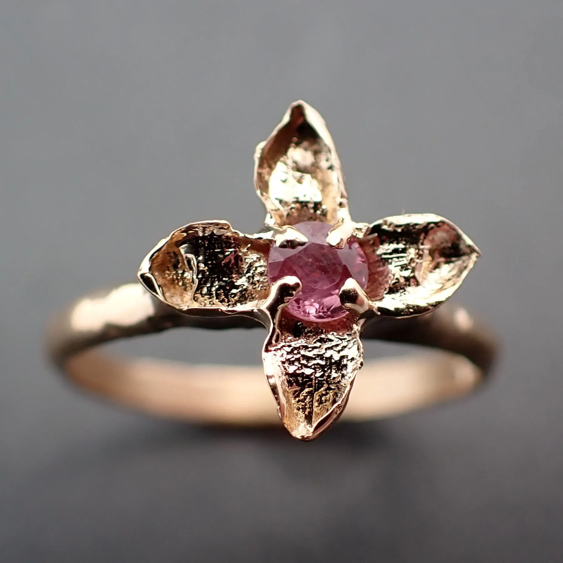 real lilac flower casting with faceted rubies 14k yellow gold solitaire enchanted garden floral ring byangeline 3377 Alternative Engagement