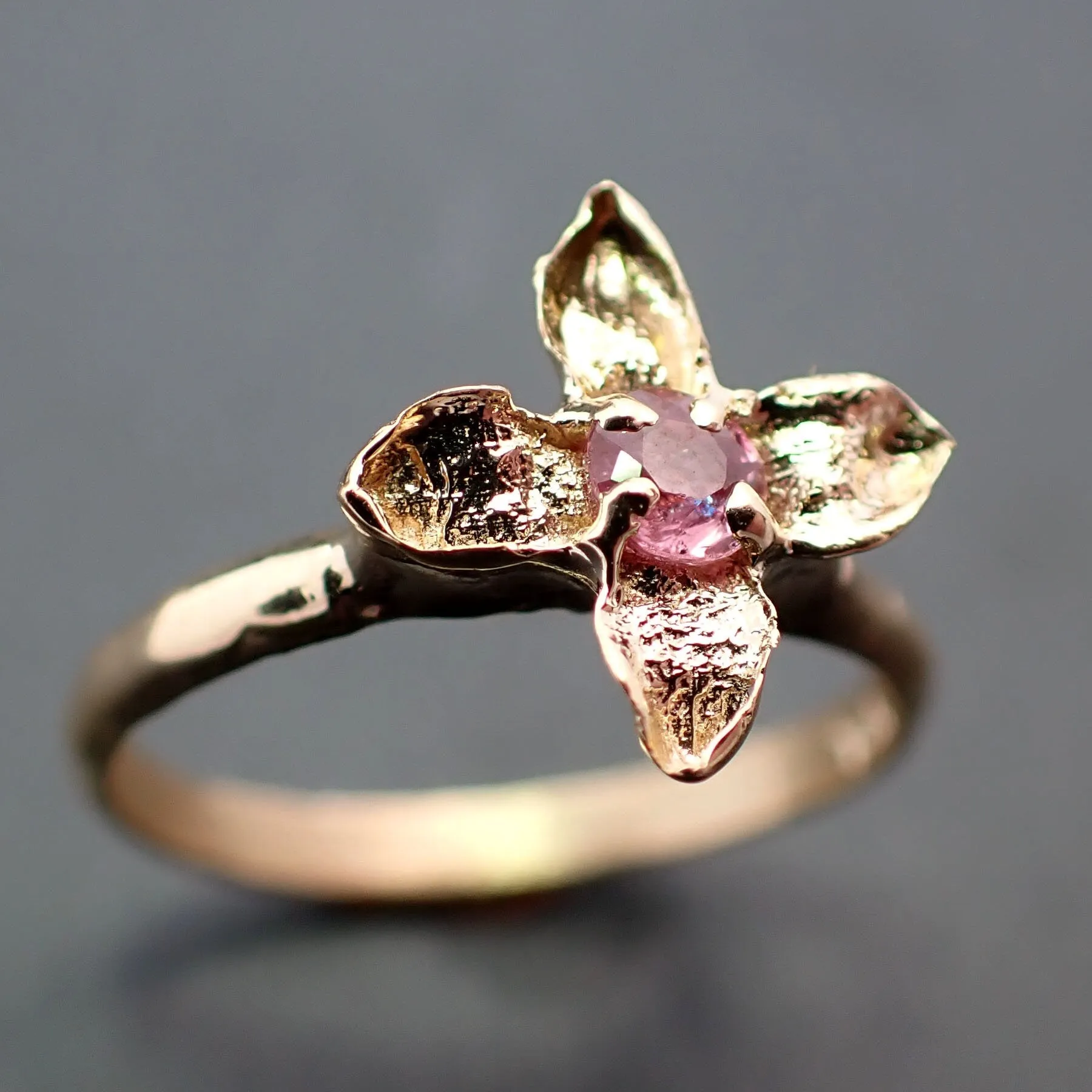 real lilac flower casting with faceted rubies 14k yellow gold solitaire enchanted garden floral ring byangeline 3377 Alternative Engagement