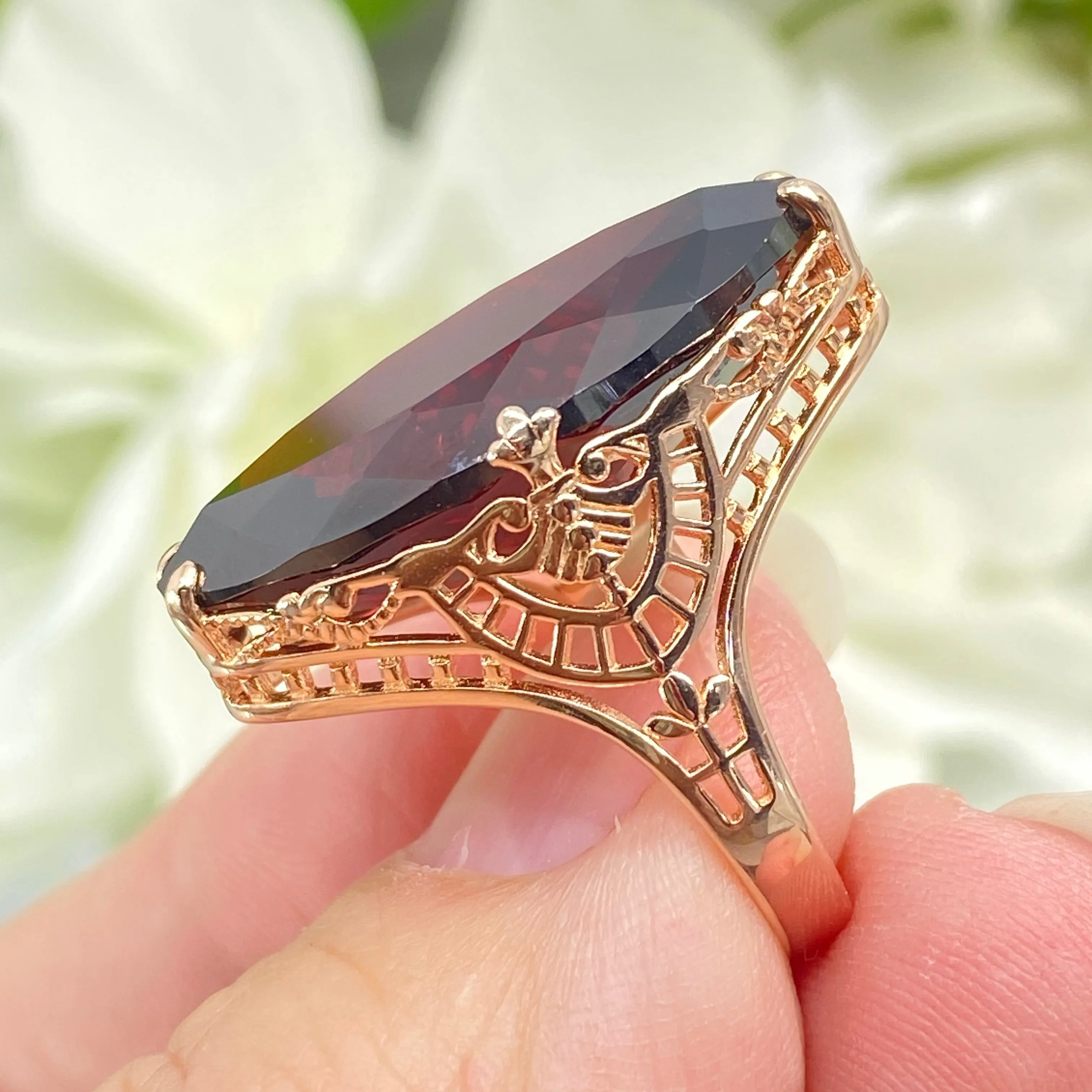 Red Garnet CZ Ring, Size 7, Marquise Cut Gemstone, Rose Gold plated Victorian Filigree Jewelry #D75 - Ready to Ship