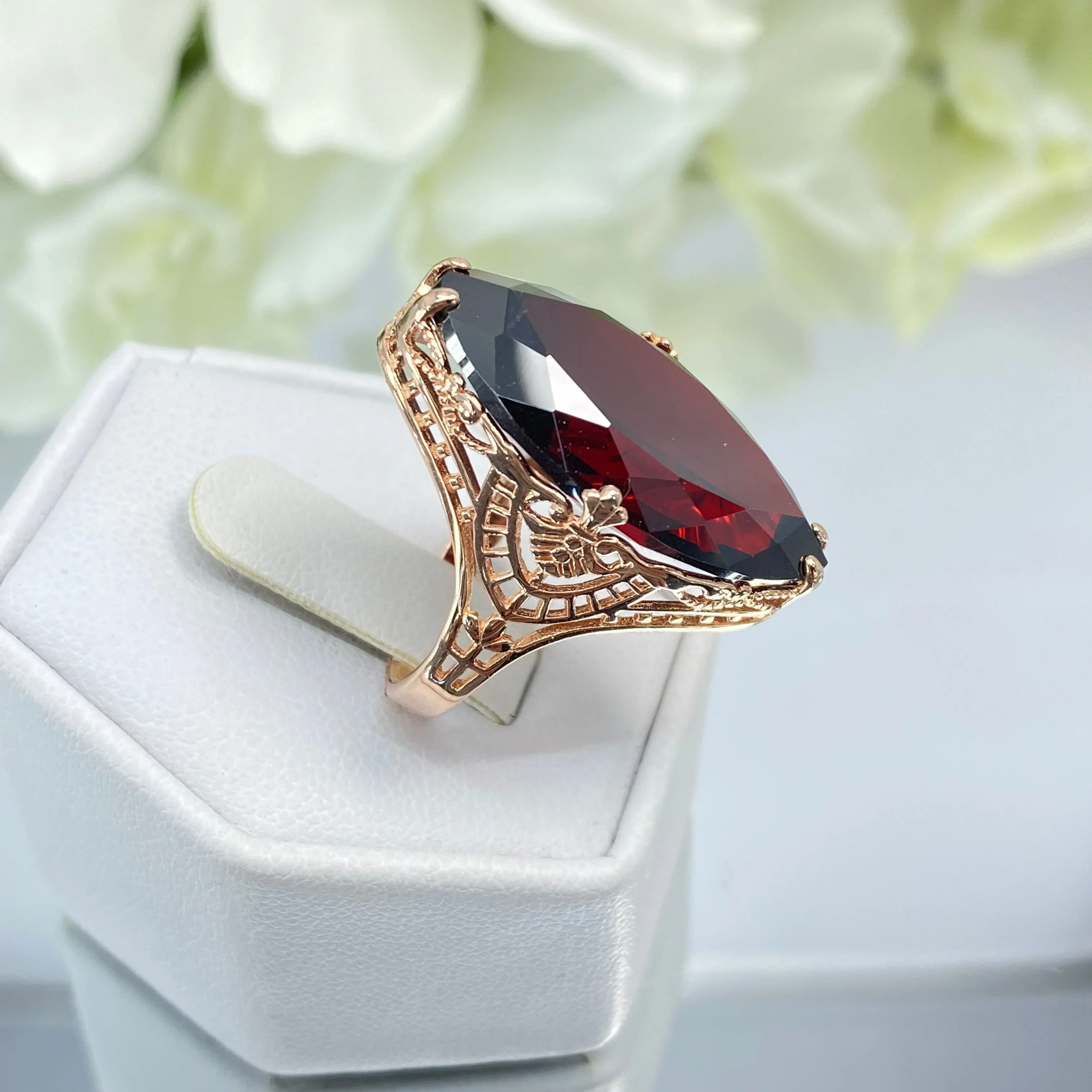 Red Garnet CZ Ring, Size 7, Marquise Cut Gemstone, Rose Gold plated Victorian Filigree Jewelry #D75 - Ready to Ship