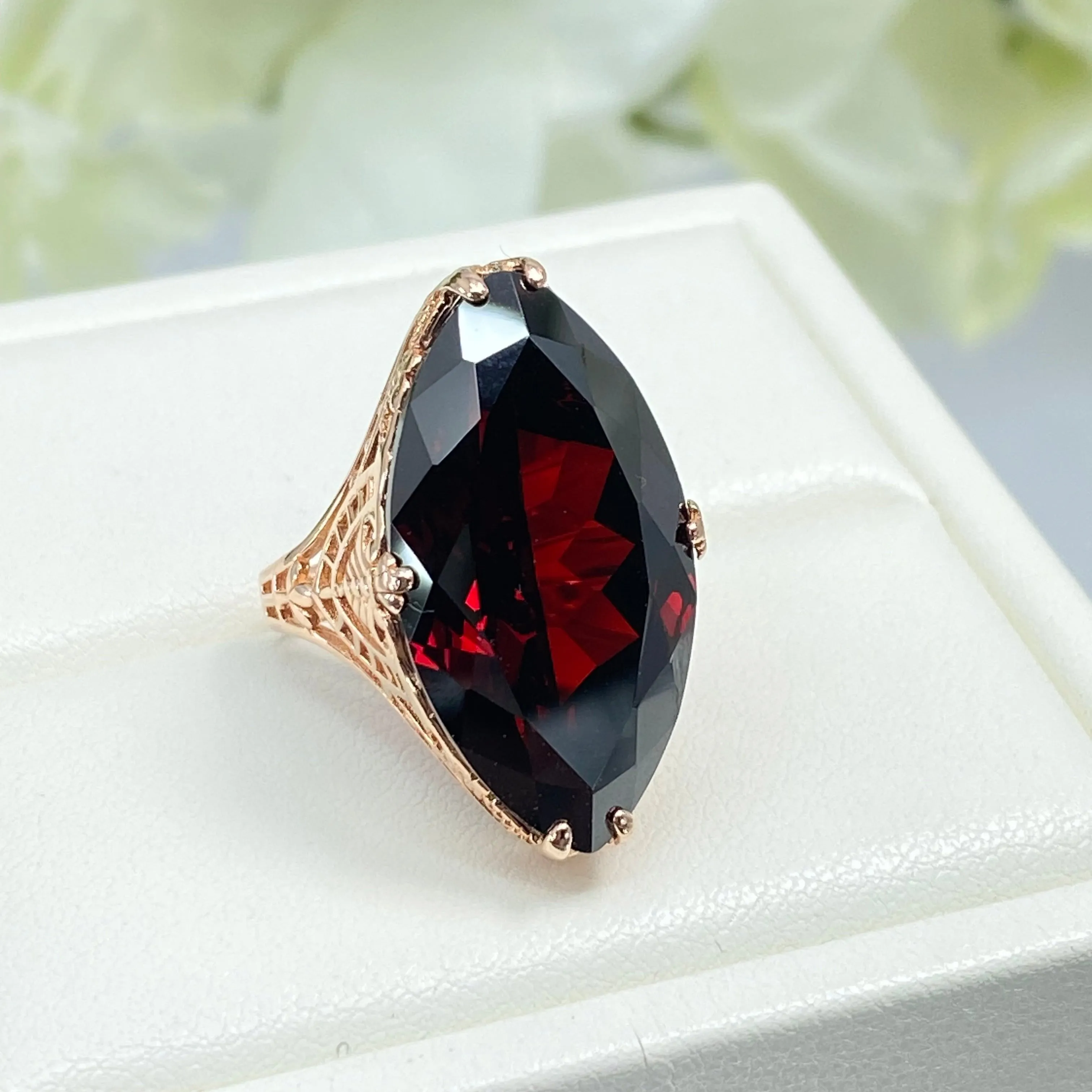Red Garnet CZ Ring, Size 7, Marquise Cut Gemstone, Rose Gold plated Victorian Filigree Jewelry #D75 - Ready to Ship
