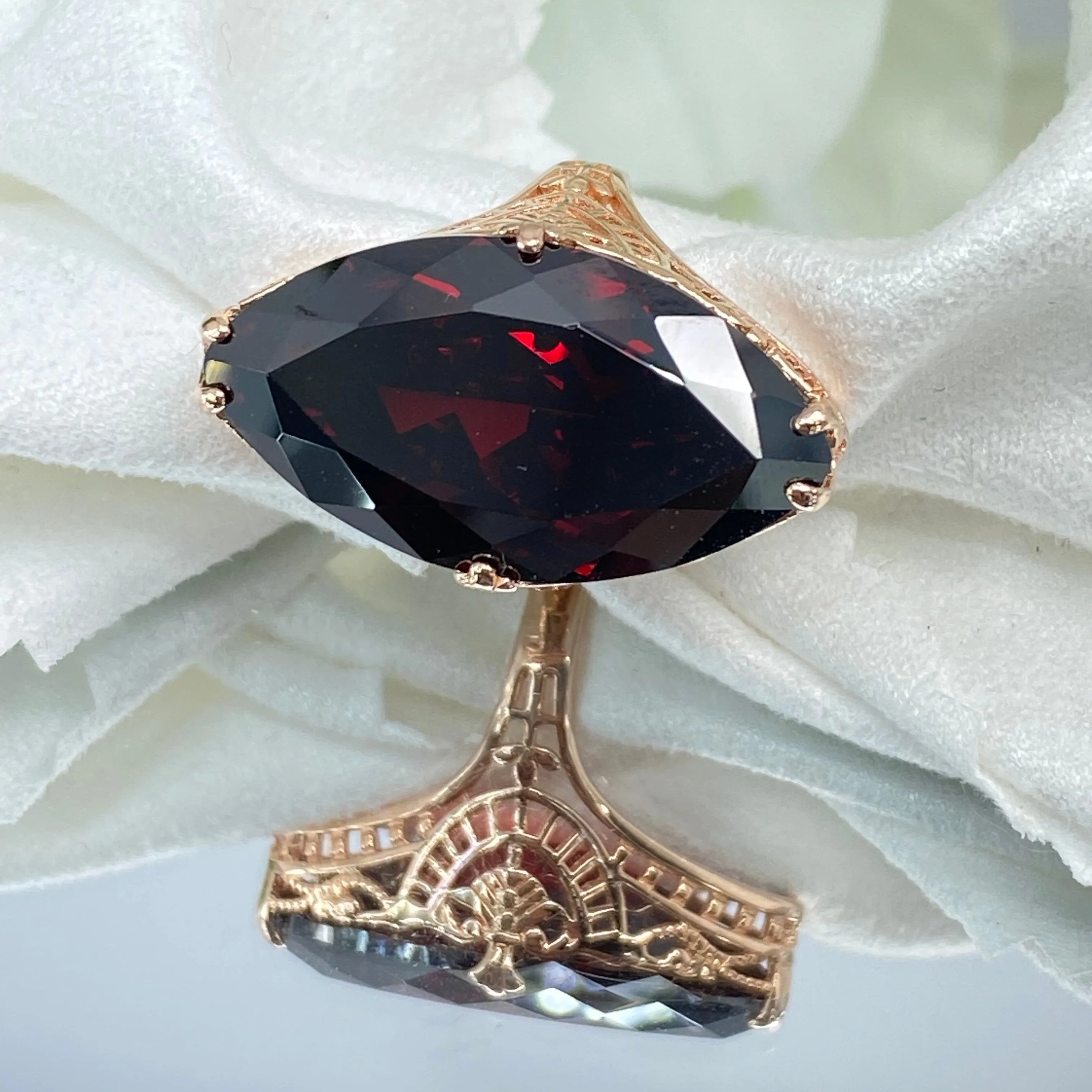 Red Garnet CZ Ring, Size 7, Marquise Cut Gemstone, Rose Gold plated Victorian Filigree Jewelry #D75 - Ready to Ship