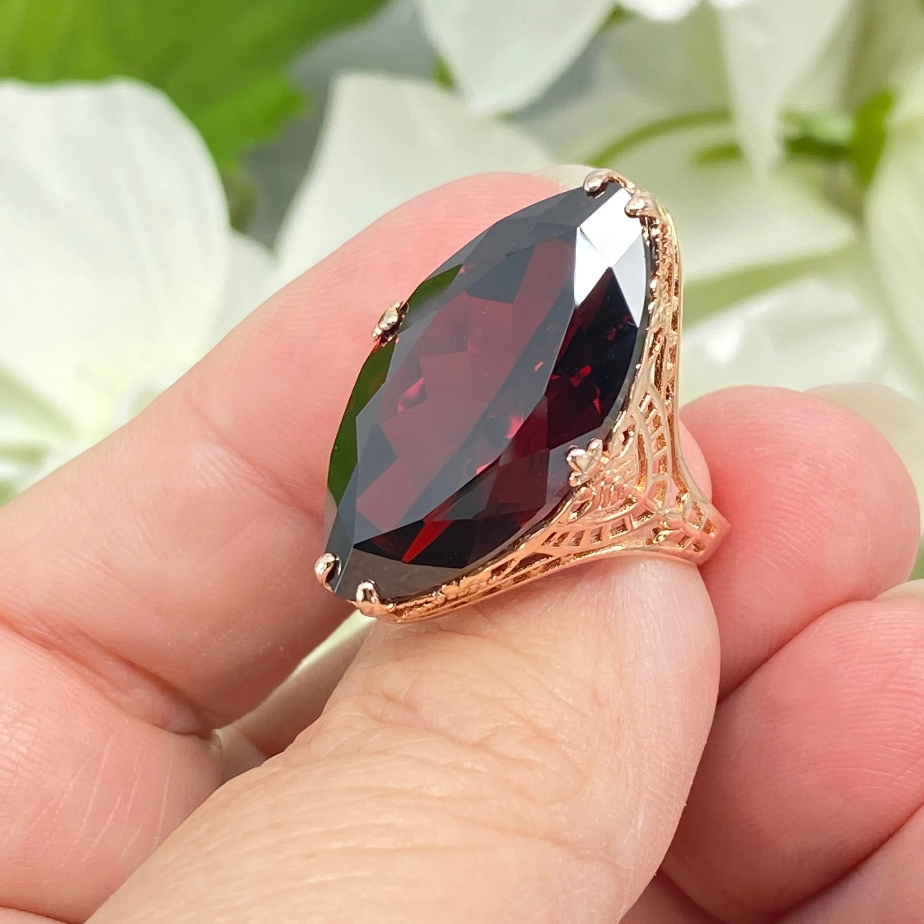 Red Garnet CZ Ring, Size 7, Marquise Cut Gemstone, Rose Gold plated Victorian Filigree Jewelry #D75 - Ready to Ship