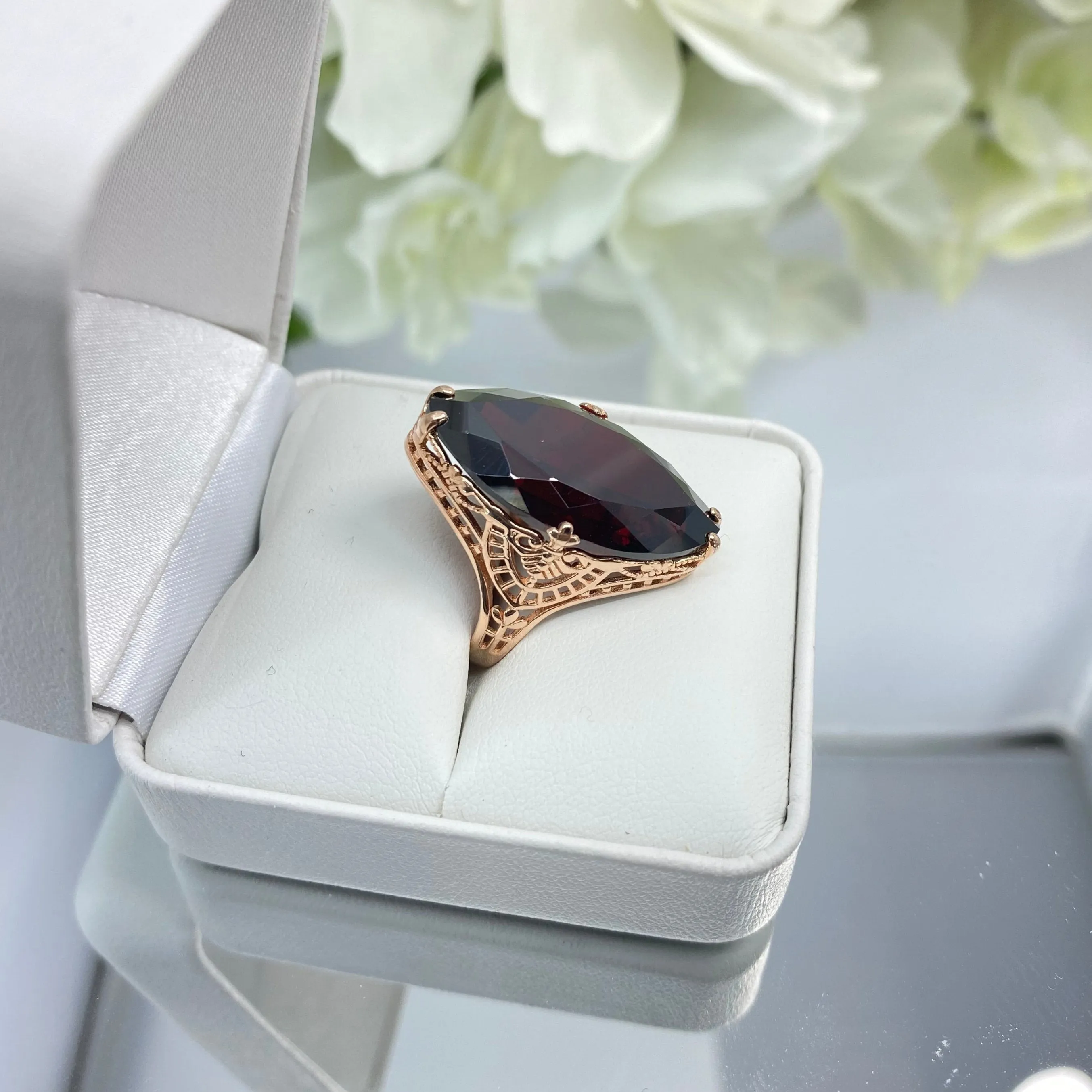 Red Garnet CZ Ring, Size 7, Marquise Cut Gemstone, Rose Gold plated Victorian Filigree Jewelry #D75 - Ready to Ship