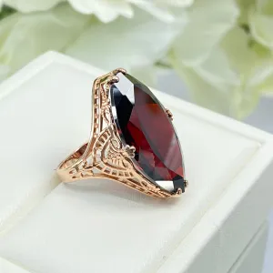Red Garnet CZ Ring, Size 7, Marquise Cut Gemstone, Rose Gold plated Victorian Filigree Jewelry #D75 - Ready to Ship
