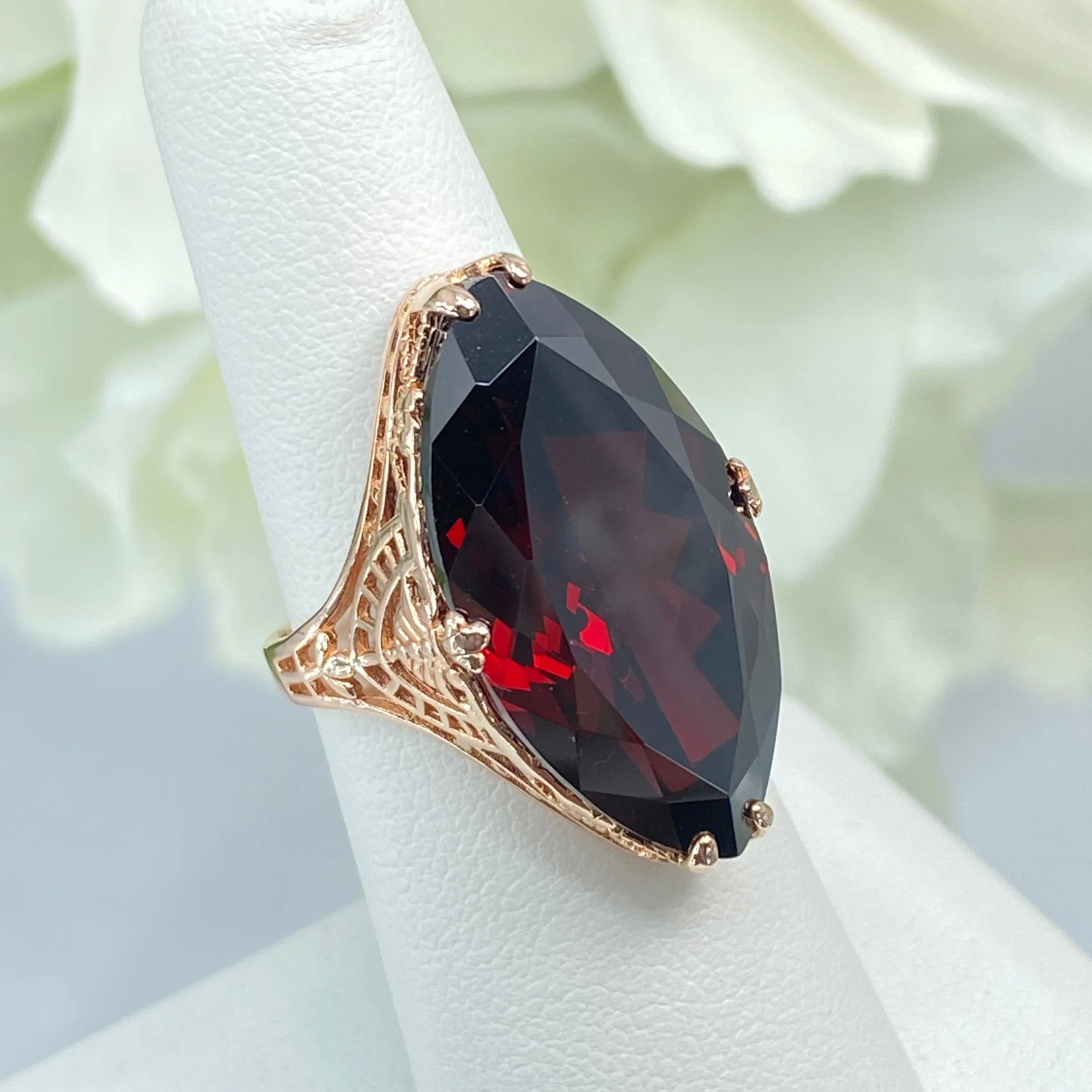 Red Garnet CZ Ring, Size 7, Marquise Cut Gemstone, Rose Gold plated Victorian Filigree Jewelry #D75 - Ready to Ship