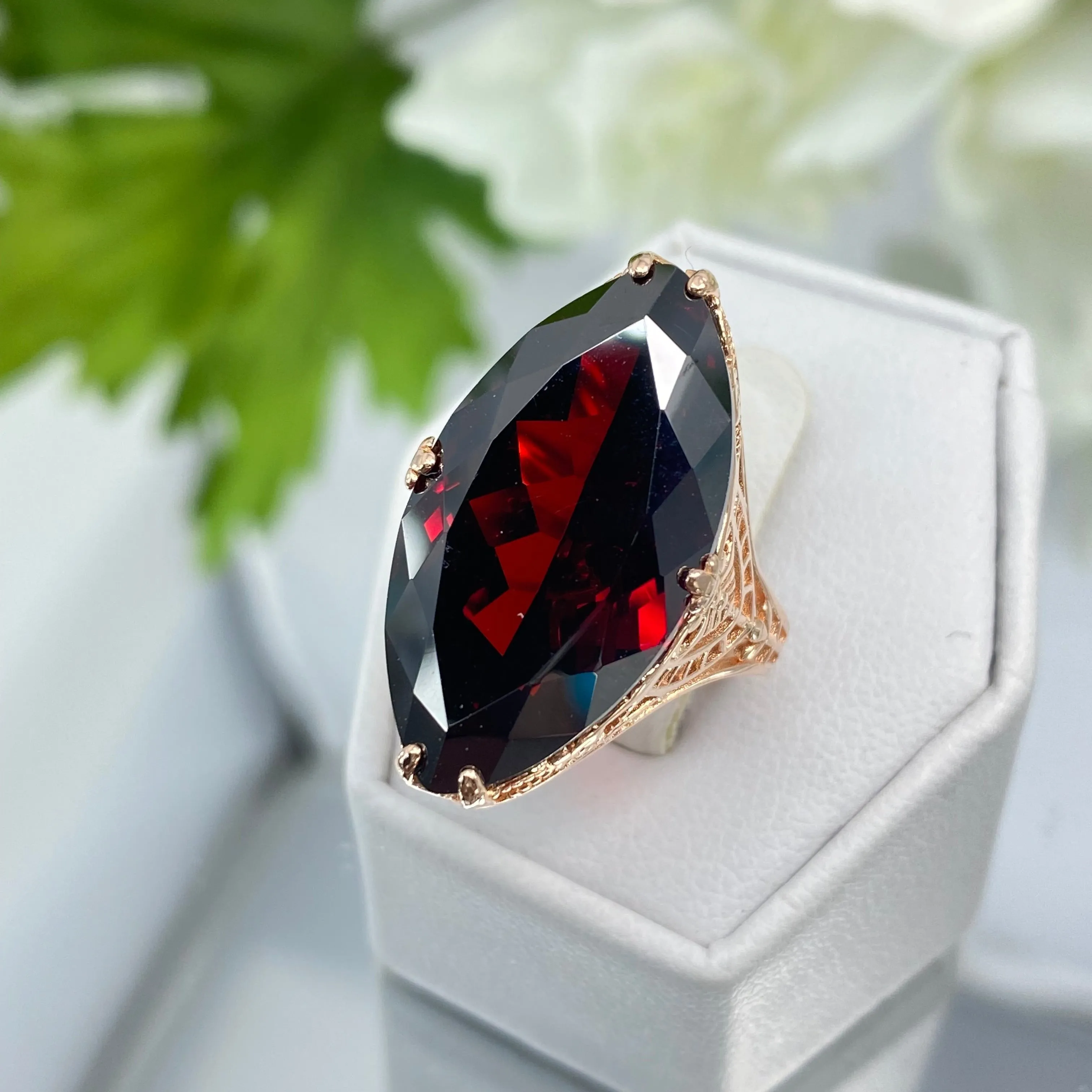 Red Garnet CZ Ring, Size 7, Marquise Cut Gemstone, Rose Gold plated Victorian Filigree Jewelry #D75 - Ready to Ship