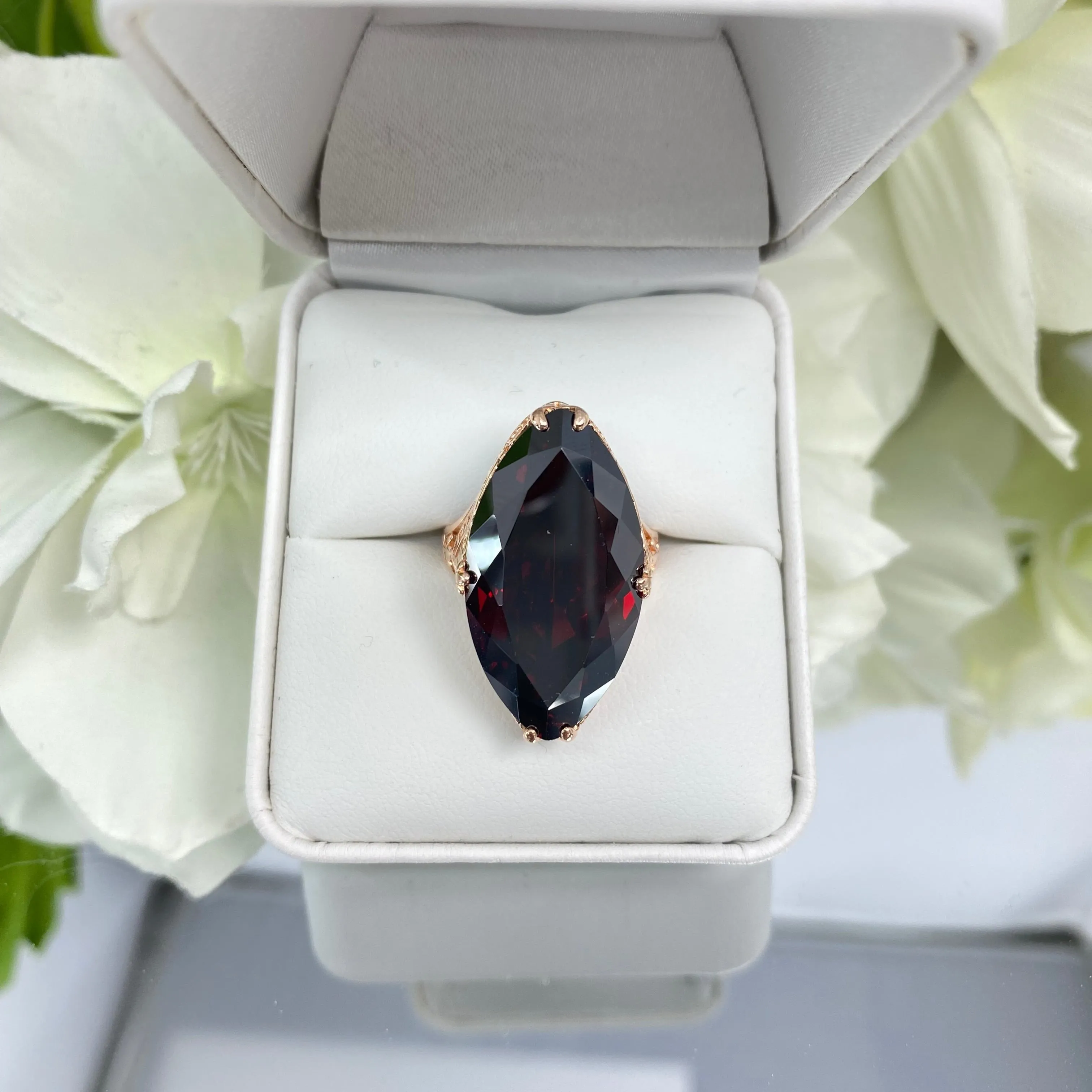 Red Garnet CZ Ring, Size 7, Marquise Cut Gemstone, Rose Gold plated Victorian Filigree Jewelry #D75 - Ready to Ship