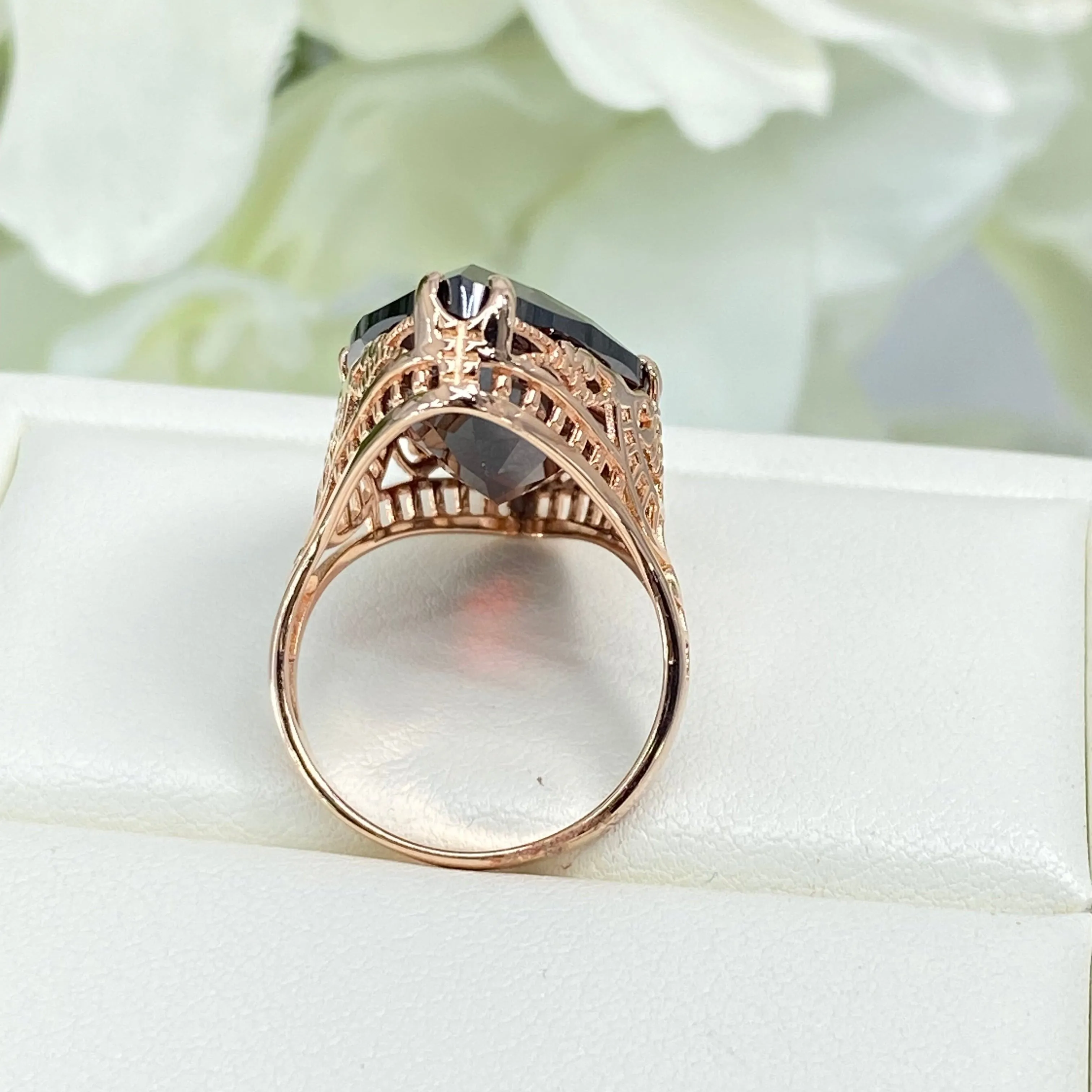 Red Garnet CZ Ring, Size 7, Marquise Cut Gemstone, Rose Gold plated Victorian Filigree Jewelry #D75 - Ready to Ship