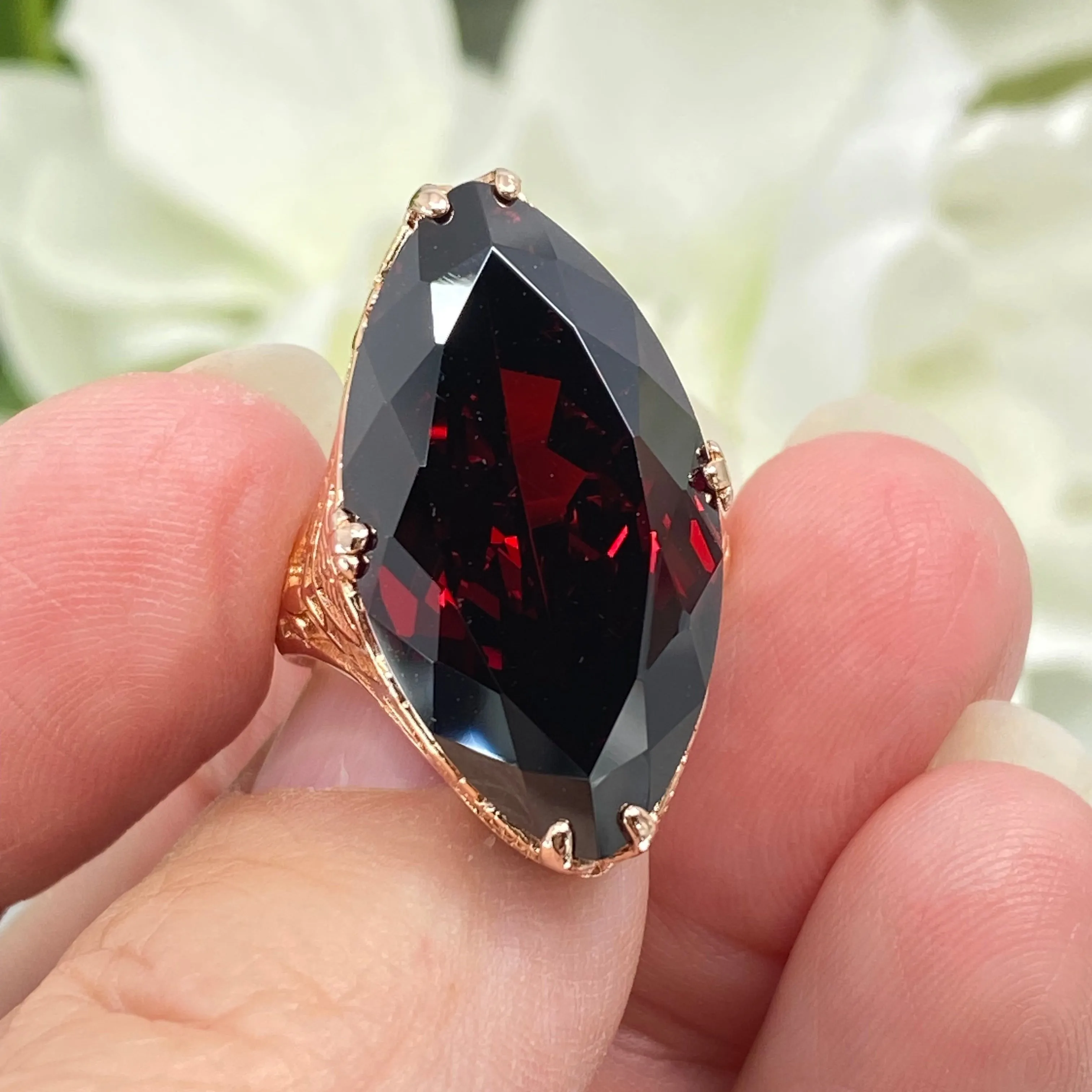 Red Garnet CZ Ring, Size 7, Marquise Cut Gemstone, Rose Gold plated Victorian Filigree Jewelry #D75 - Ready to Ship