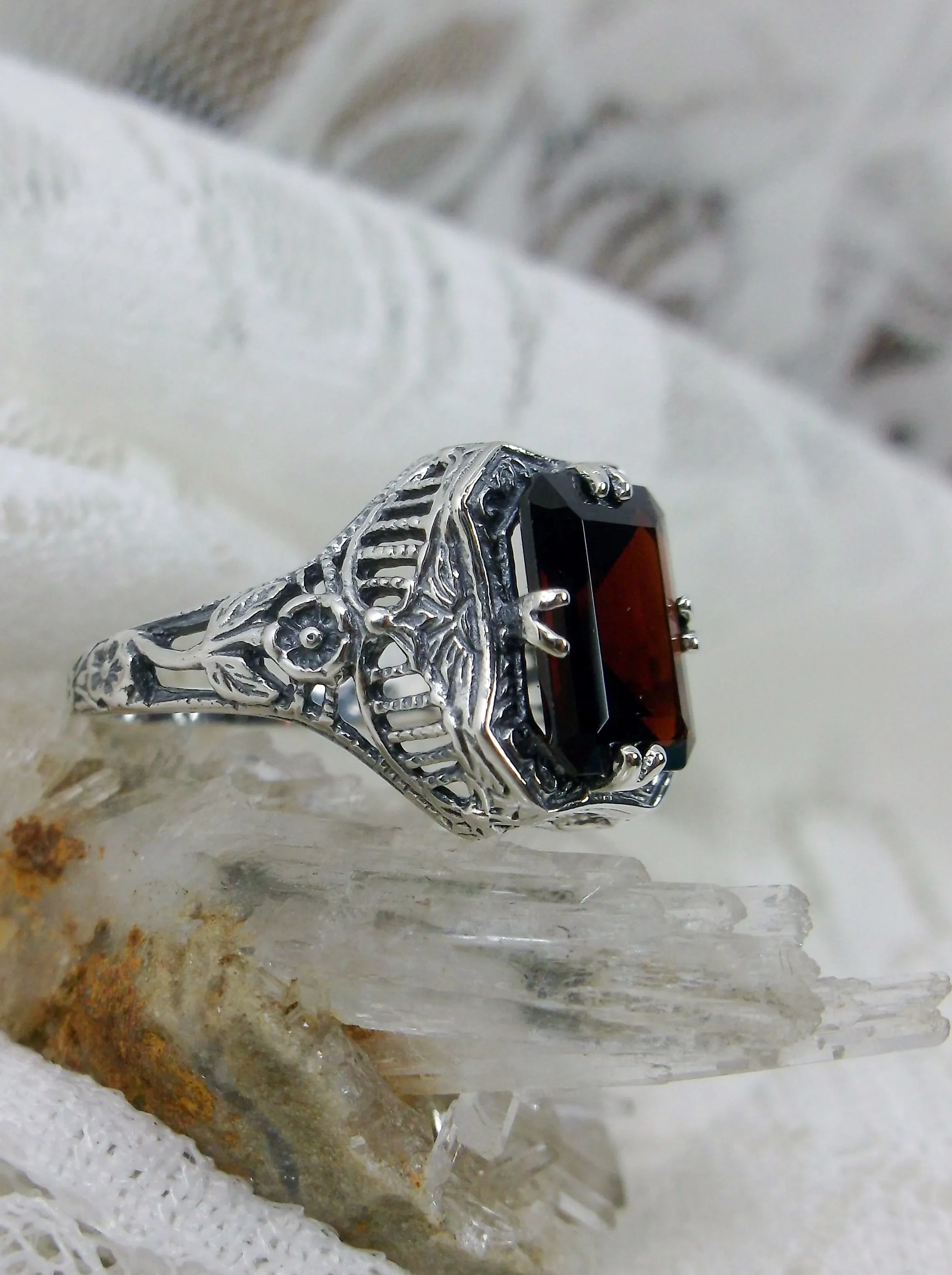 Red Garnet Ring, Natural or Simulated Gem, Lovely Rectangle Edwardian Jewelry #D148