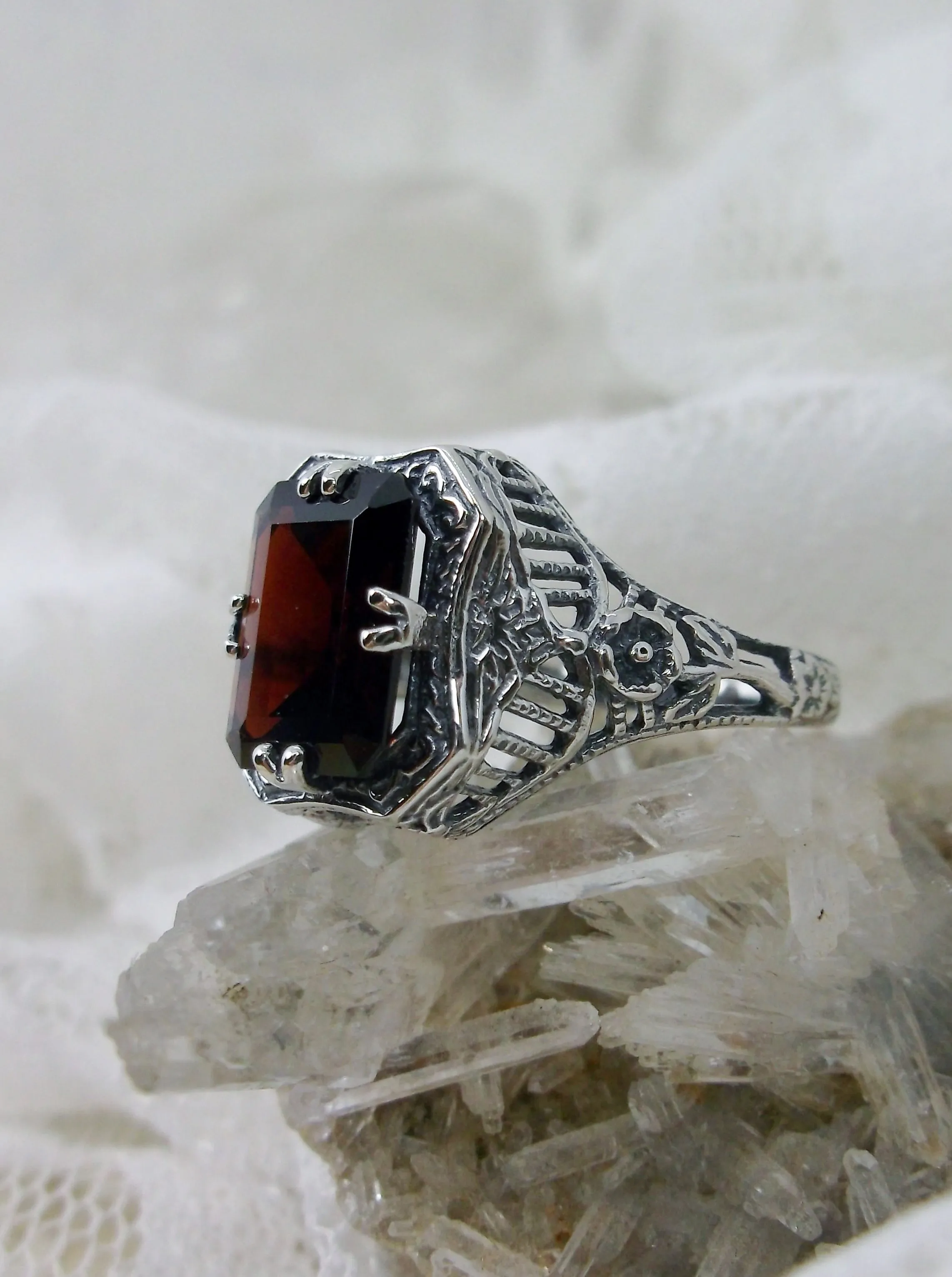 Red Garnet Ring, Natural or Simulated Gem, Lovely Rectangle Edwardian Jewelry #D148