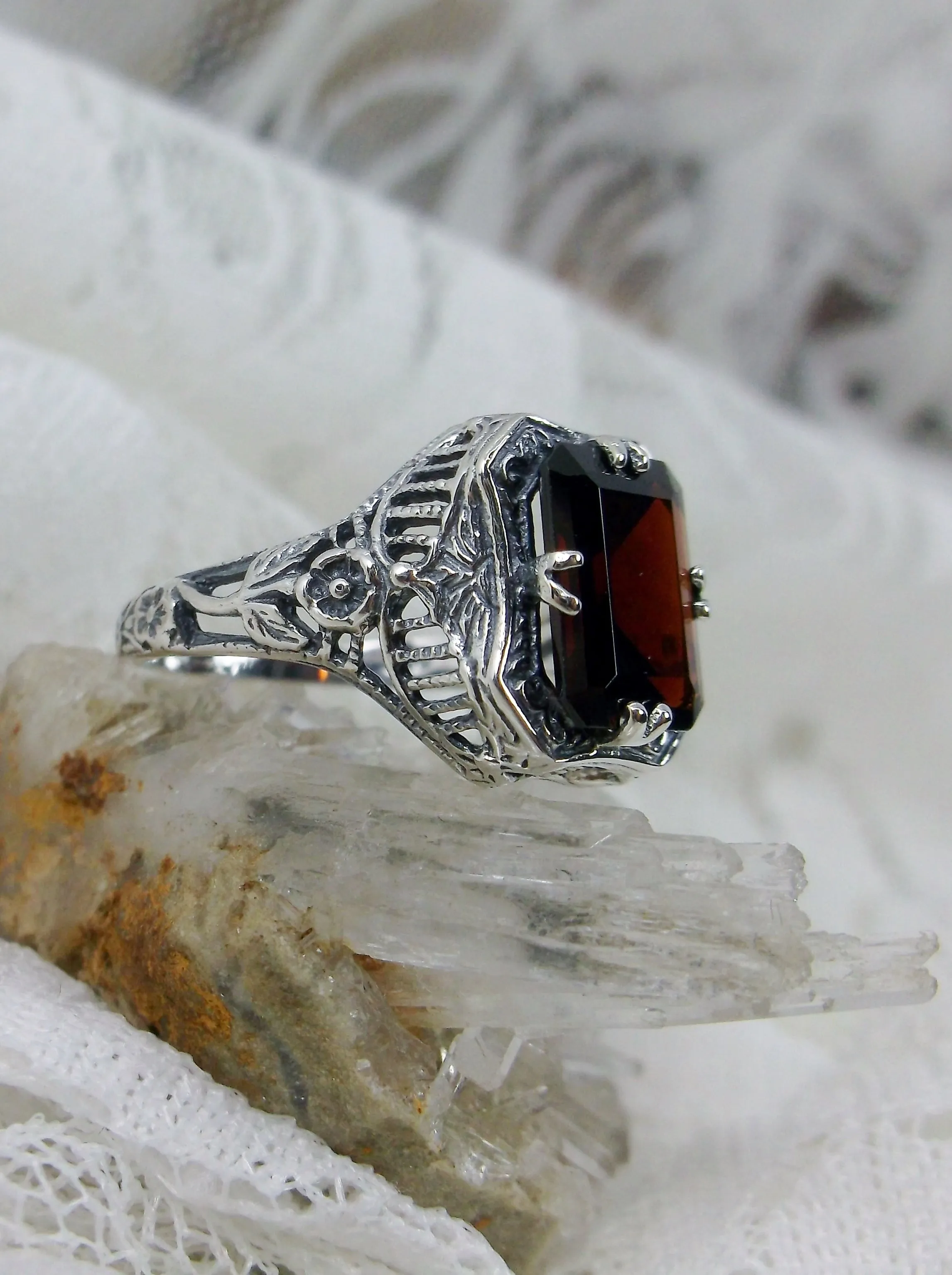 Red Garnet Ring, Natural or Simulated Gem, Lovely Rectangle Edwardian Jewelry #D148