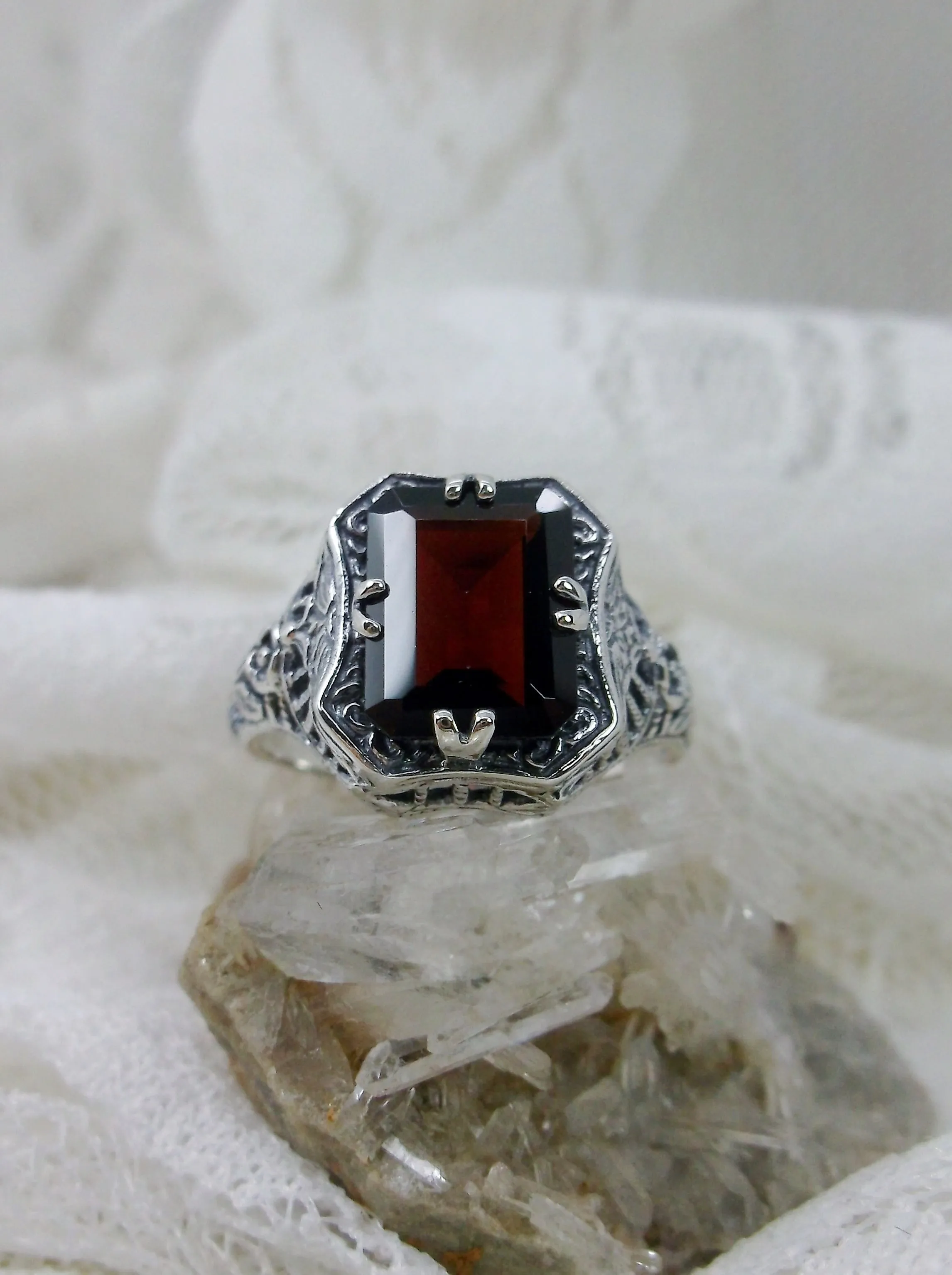 Red Garnet Ring, Natural or Simulated Gem, Lovely Rectangle Edwardian Jewelry #D148
