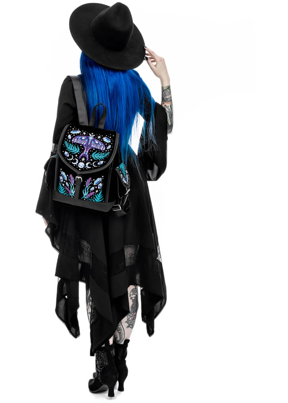 Restyle Enchanted Forest Moth Fern Embroidery Backpack Black