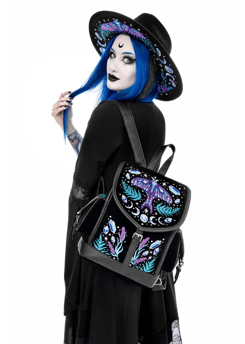 Restyle Enchanted Forest Moth Fern Embroidery Backpack Black