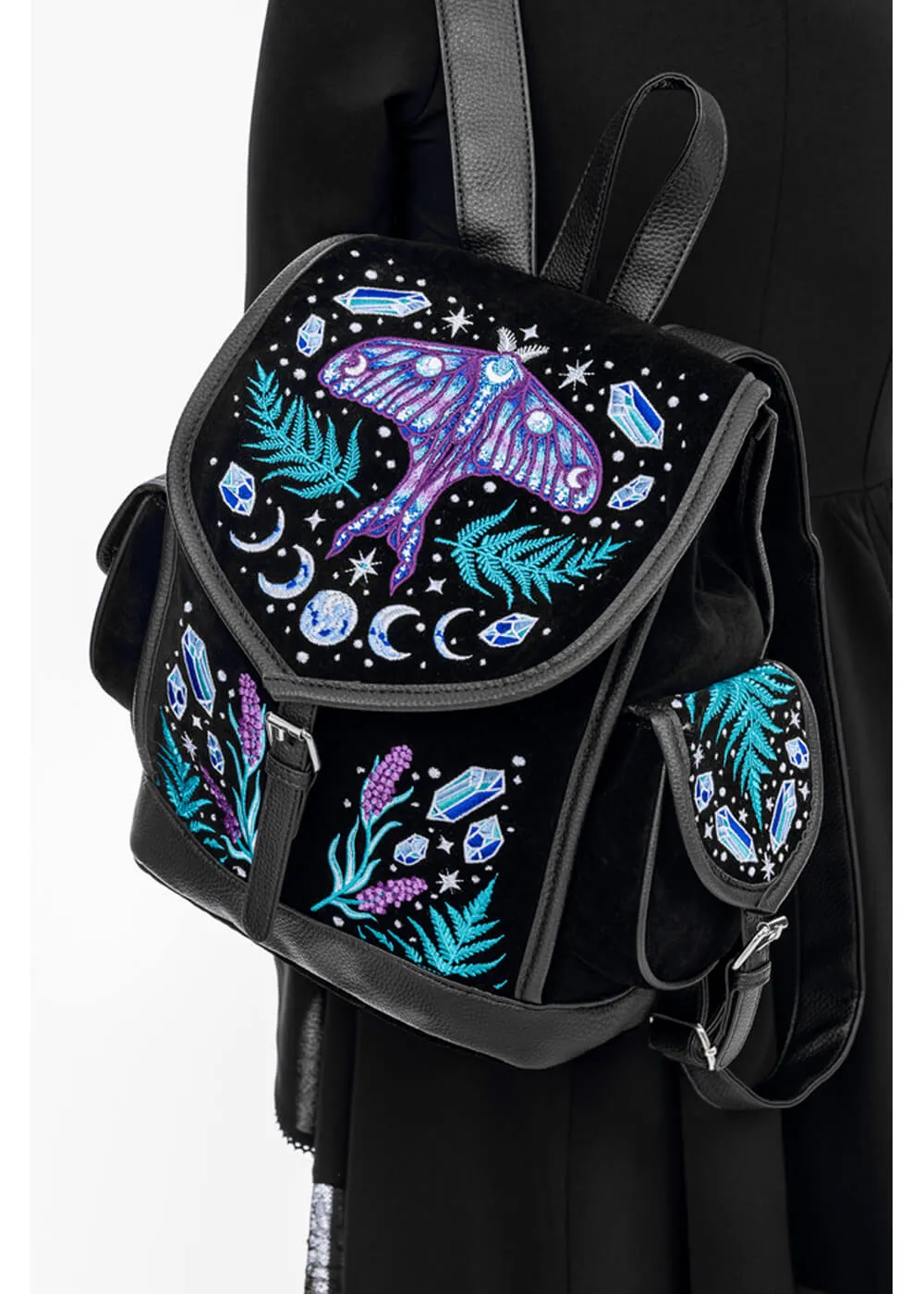 Restyle Enchanted Forest Moth Fern Embroidery Backpack Black