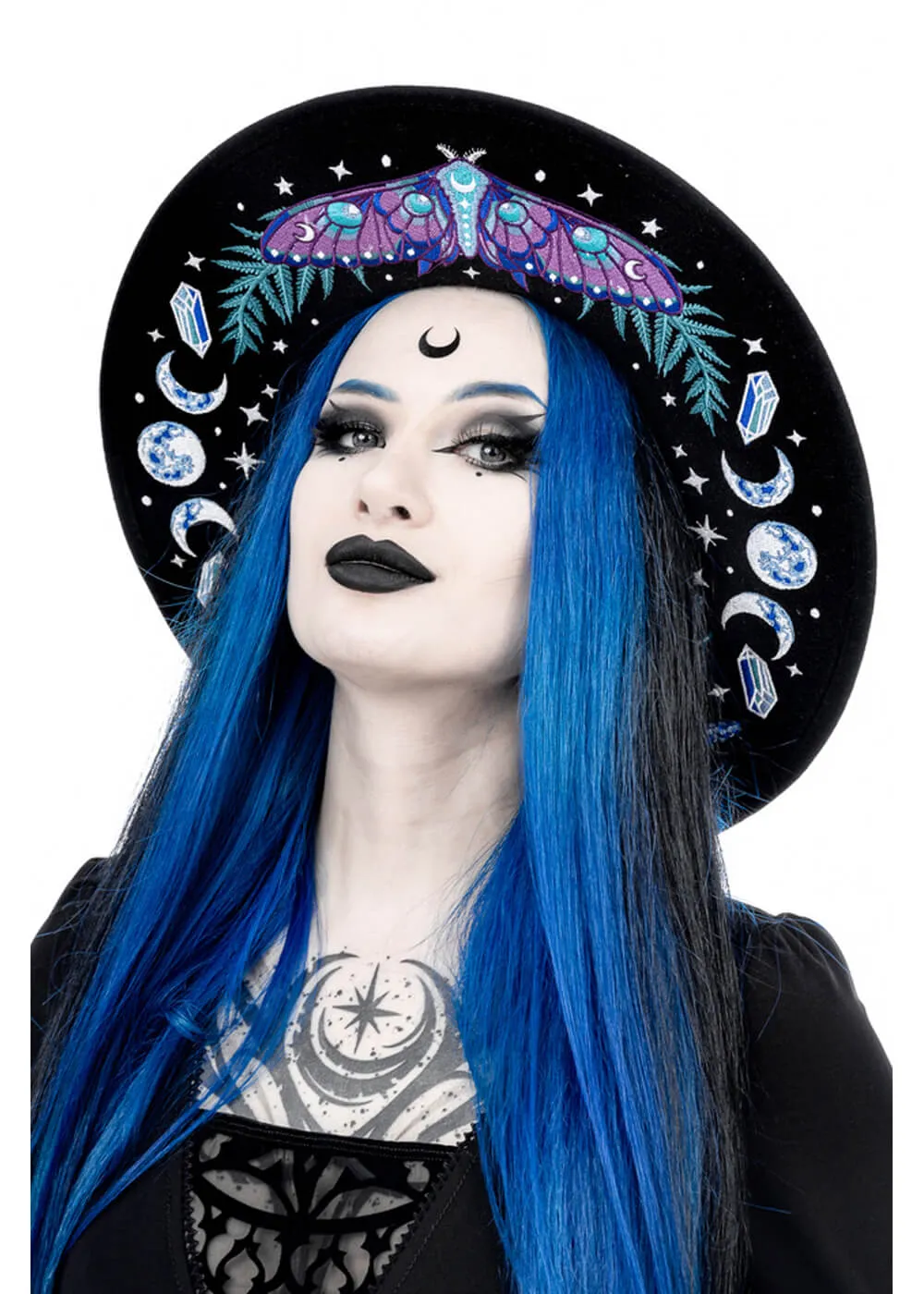 Restyle Enchanted Forest Moth Fern Embroidery Hat Black