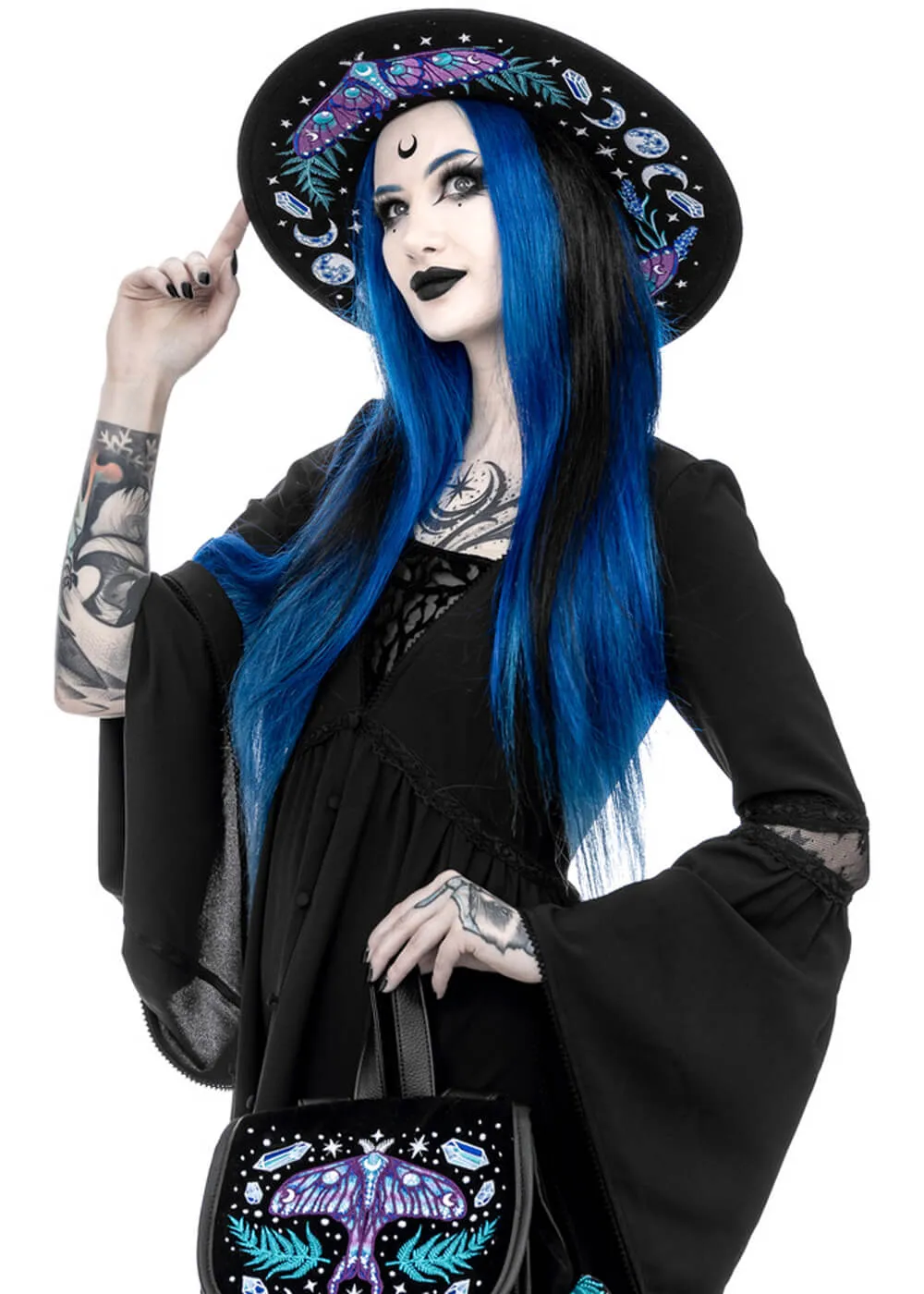 Restyle Enchanted Forest Moth Fern Embroidery Hat Black