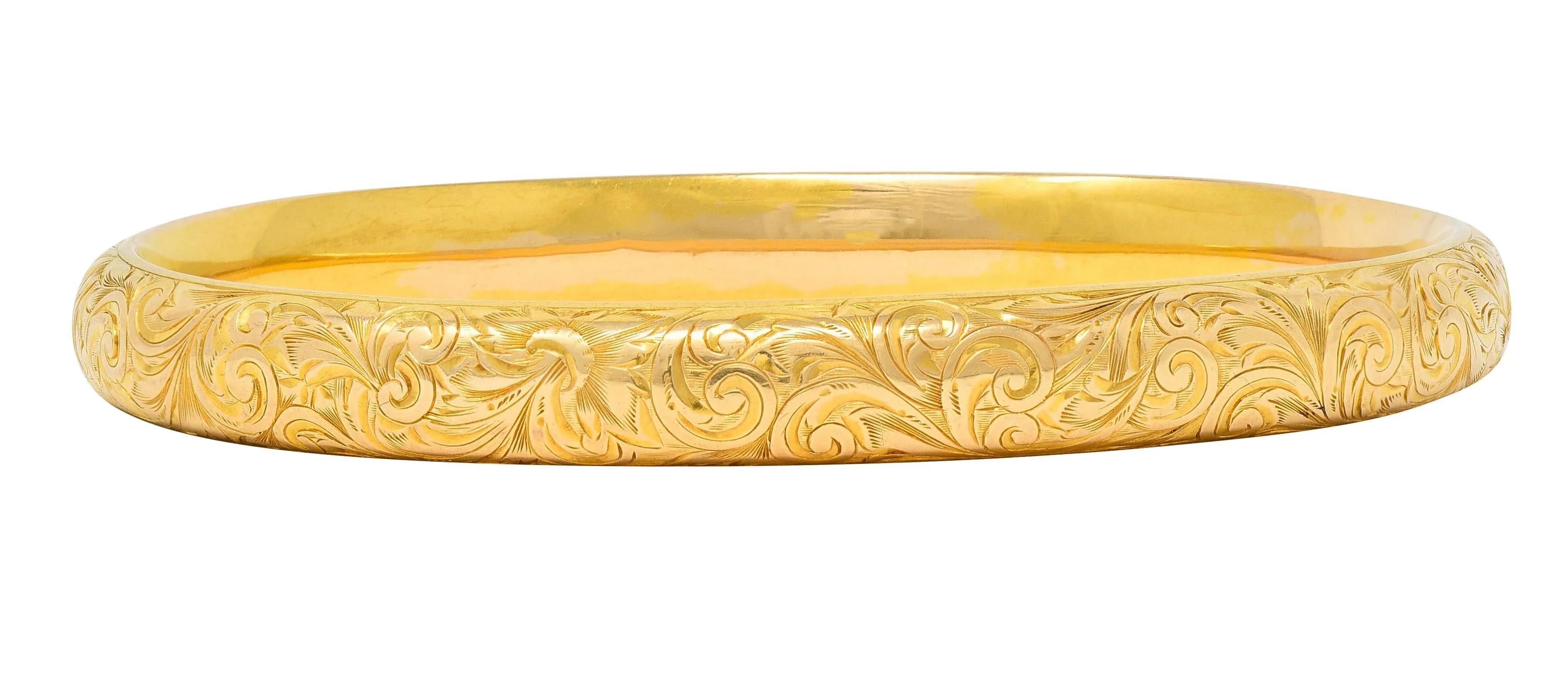 Riker Brothers Victorian 14 Karat Yellow Gold Scroll Antique Bangle Bracelet
