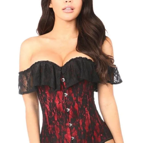 S Lavish Red Satin Black Lace Goth Rennesaince Vampire Burlesque Overbust Corset