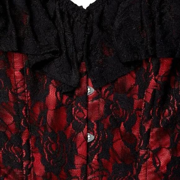 S Lavish Red Satin Black Lace Goth Rennesaince Vampire Burlesque Overbust Corset