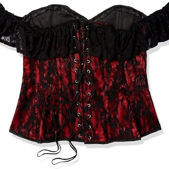 S Lavish Red Satin Black Lace Goth Rennesaince Vampire Burlesque Overbust Corset